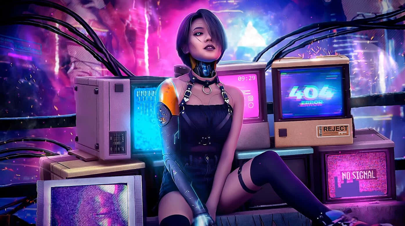 Cyberpunk Laptop 桌布 壁紙 — 一個擁有發光機械裝置的賽博龐克女性坐在故障的復古電視機之間，這些電視機在充滿霓虹的數位廢墟中顯示錯誤代碼。