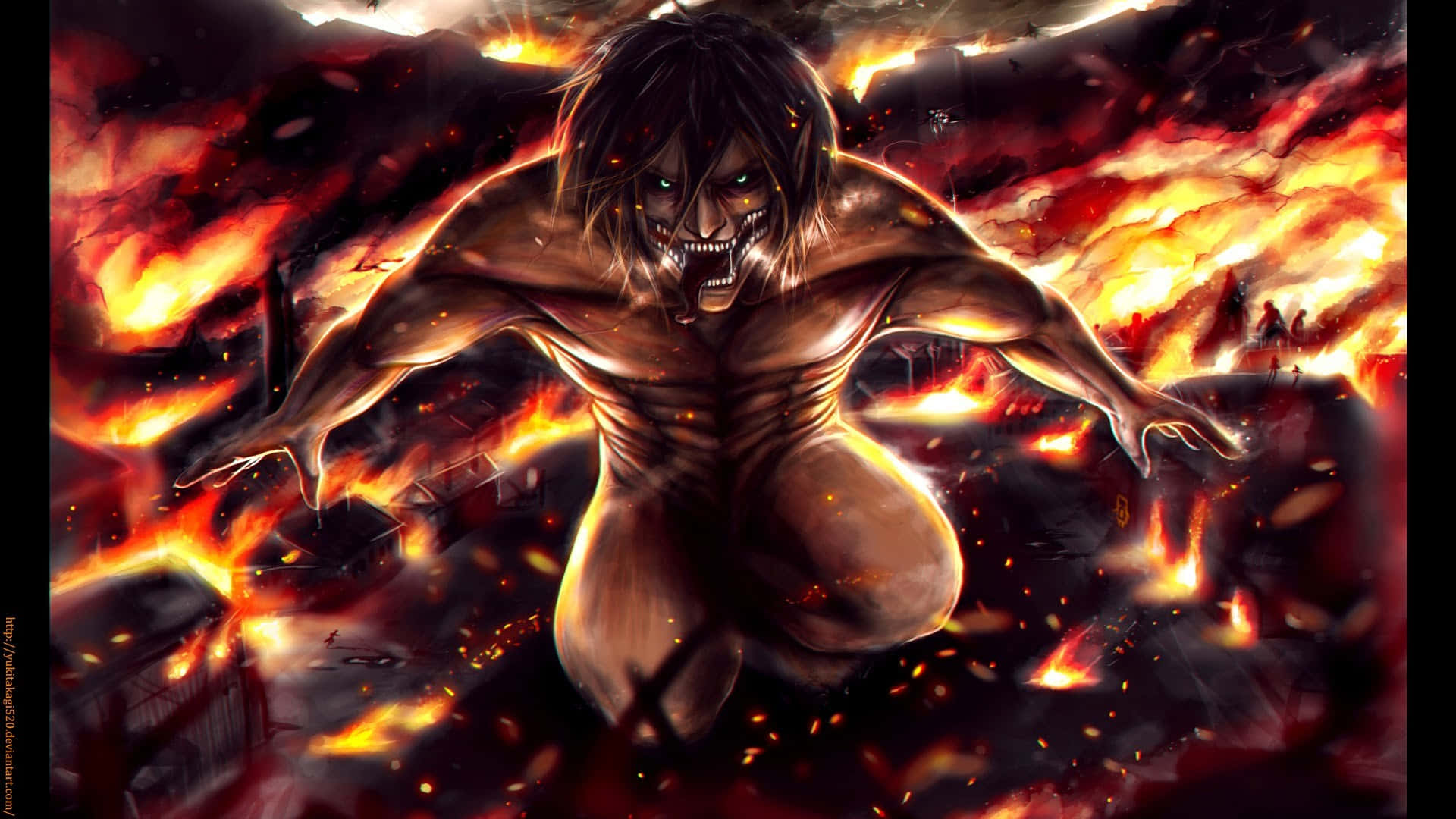 Attack On Titan Video Game 桌布 壁紙 — 一個擁有發光眼睛和尖銳牙齒的怪物泰坦，衝過一個燃燒的戰場，伴隨著燃燒的碎片和火焰。