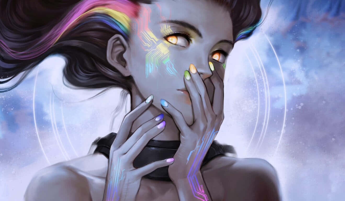 動漫 桌布 壁紙 — 一個擁有發光眼睛和彩虹頭髮的機械動畫女孩，在宇宙背景下觸摸她的臉。