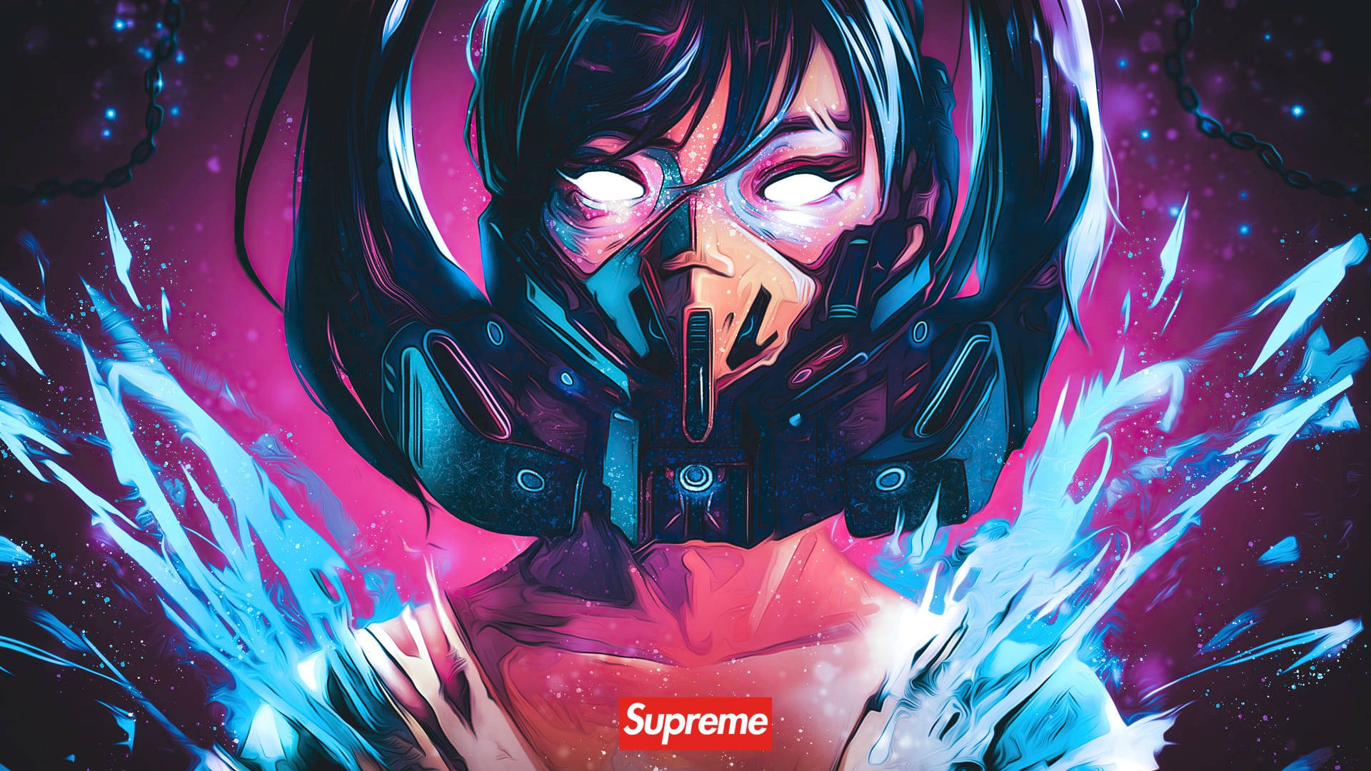 Cool Supreme 桌布 壁紙 — 一個擁有發光眼睛和未來裝備的賽博龐克動漫女孩衝破宇宙粉藍色能量場。