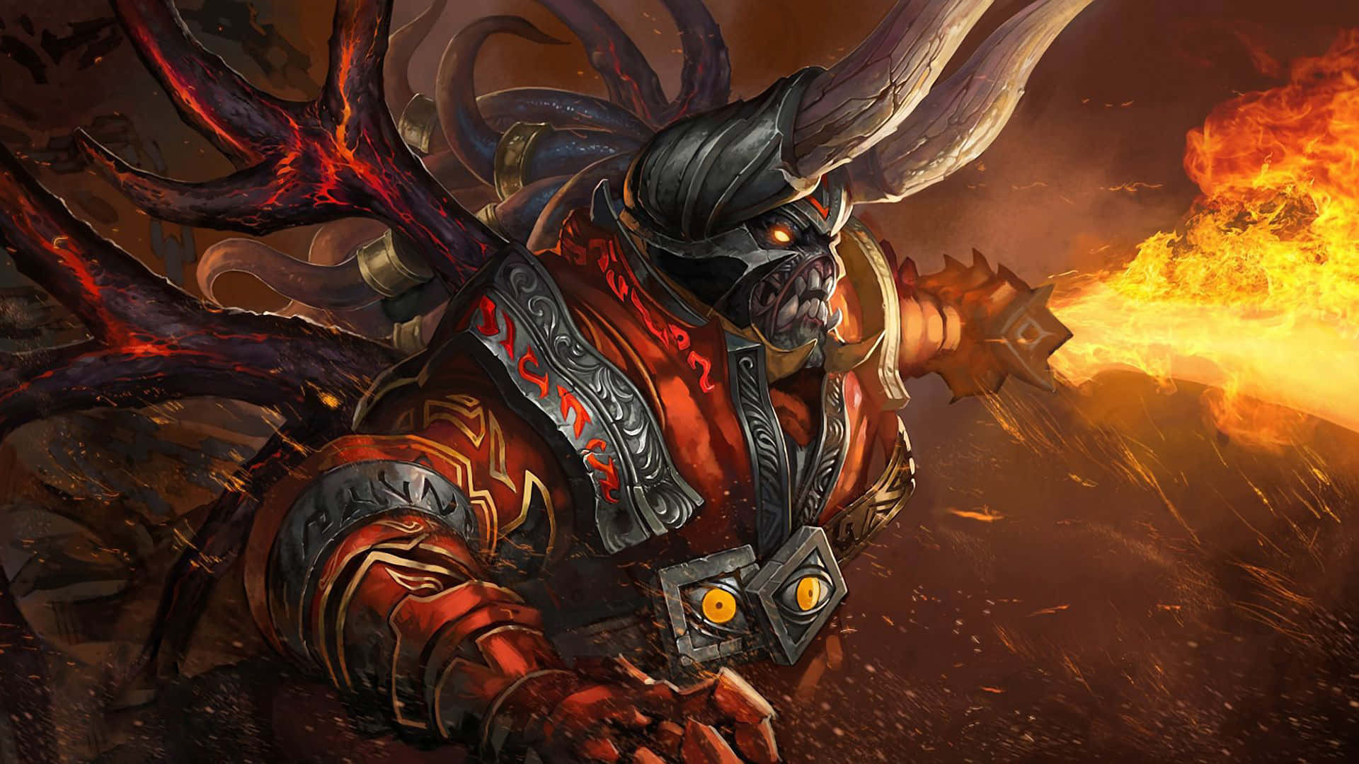 電玩遊戲 桌布 壁紙 — 一個擁有發光眼睛和火焰角的惡魔戰士，在煙霧瀰漫的戰場上釋放出熔化的能量爆炸。