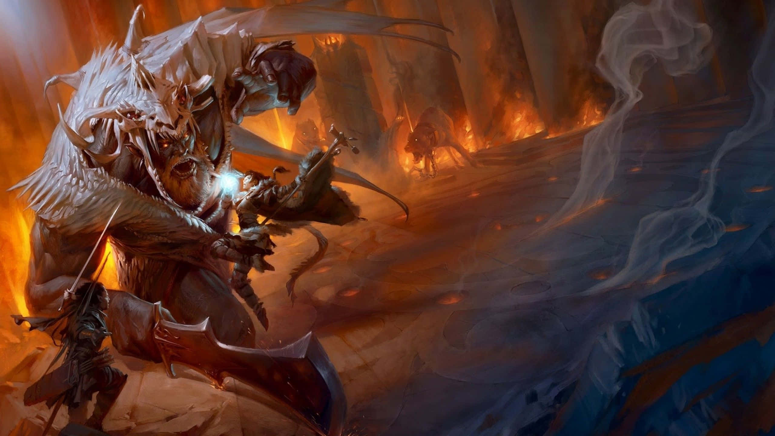 Dungeons And Dragons 桌布 壁紙 — 一個擁有發光眼睛和翅膀的惡魔戰士，衝過煙霧繚繞的熾熱戰場。