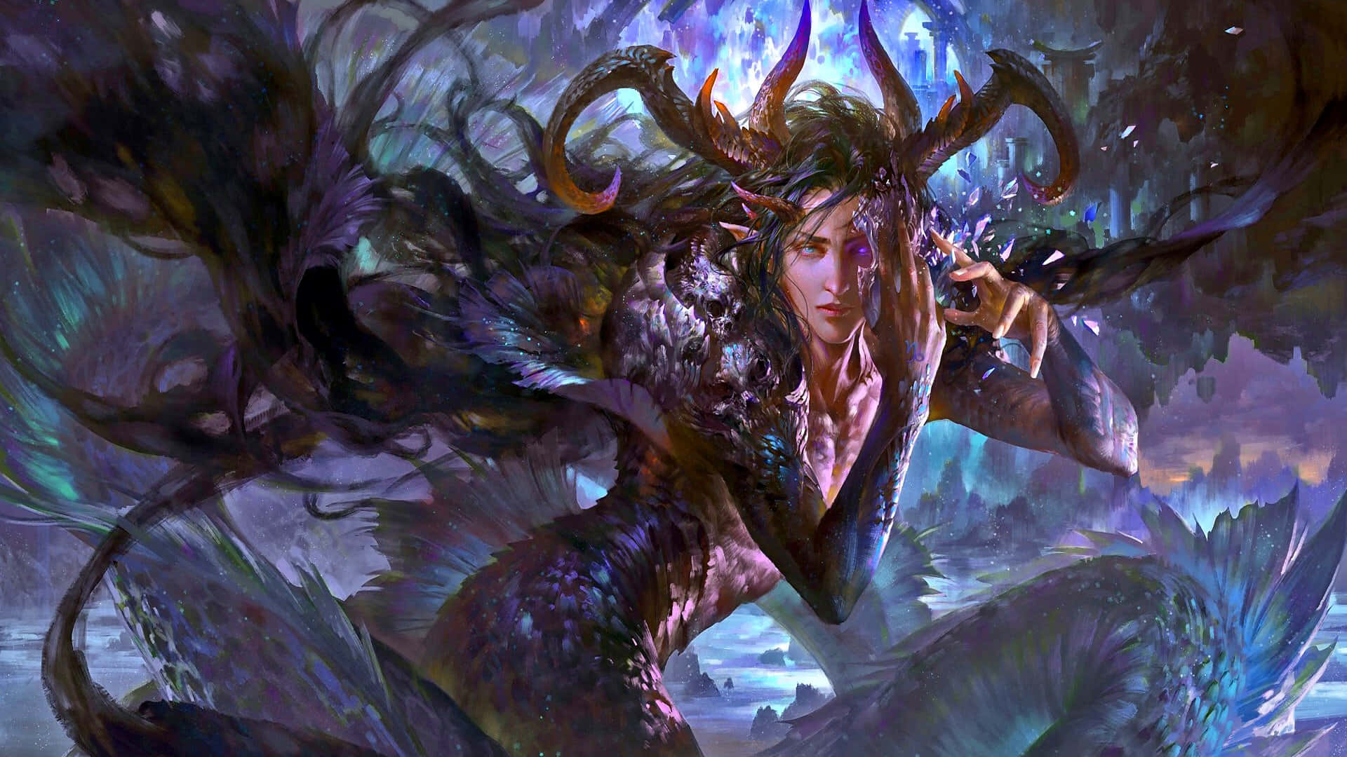摩羯座 桌布 壁紙 — 一個擁有發光眼睛和華麗角的女惡魔從神秘紫色天空下旋轉的黑暗水域中浮現。