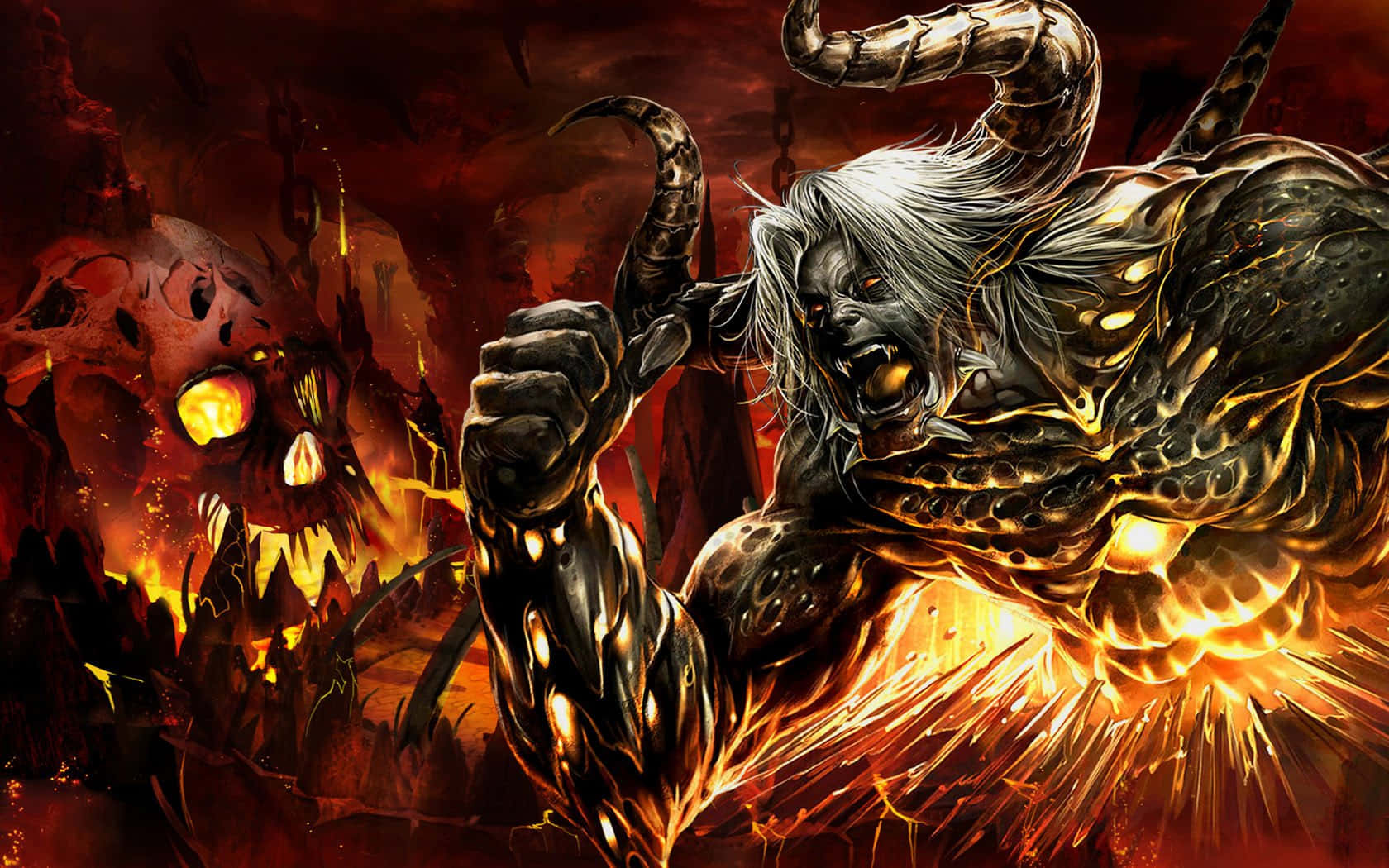 Cool Demon 桌布 壁紙 — 一個擁有發光眼睛和角的惡魔戰士，在血紅色的天空下，於熾熱的地獄廢墟中咆哮。