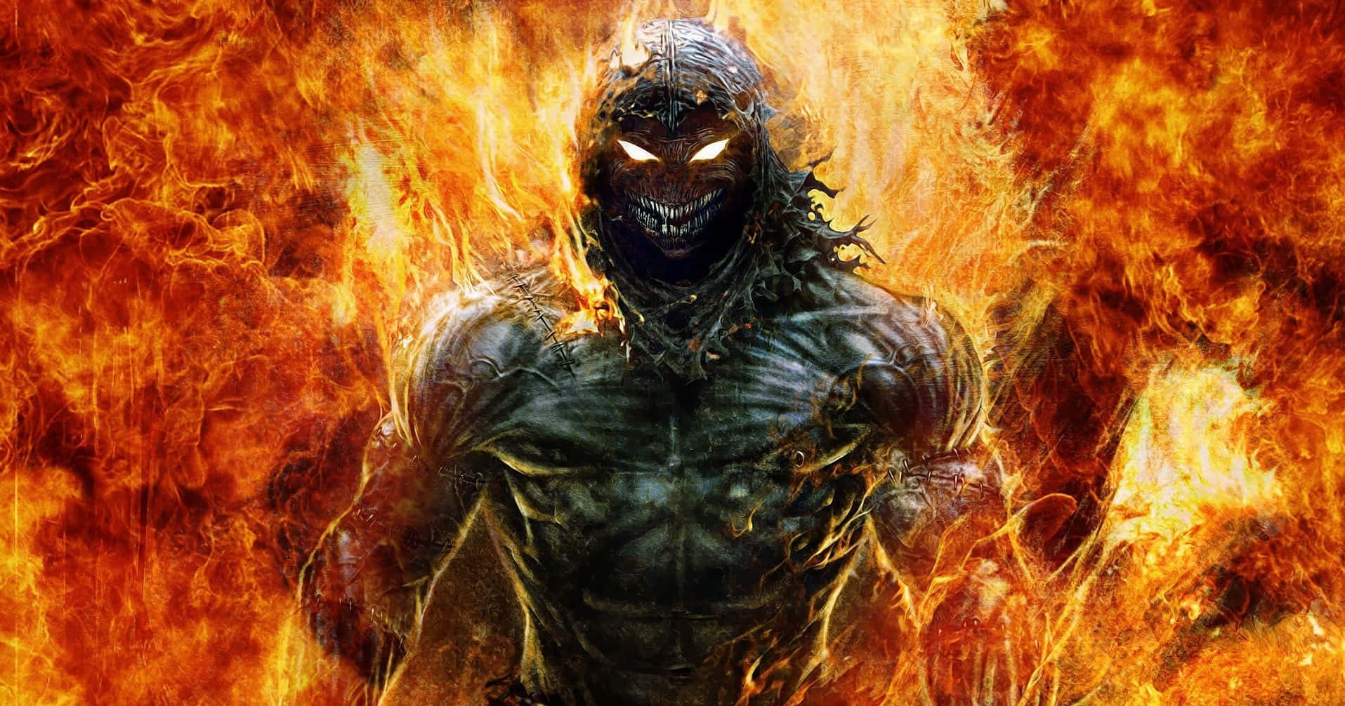Fiery 桌布 壁紙 — 一個擁有發光眼睛和鋸齒狀笑容的怪物般人形身影，從咆哮的火焰中出現，場景猶如火燒地獄。