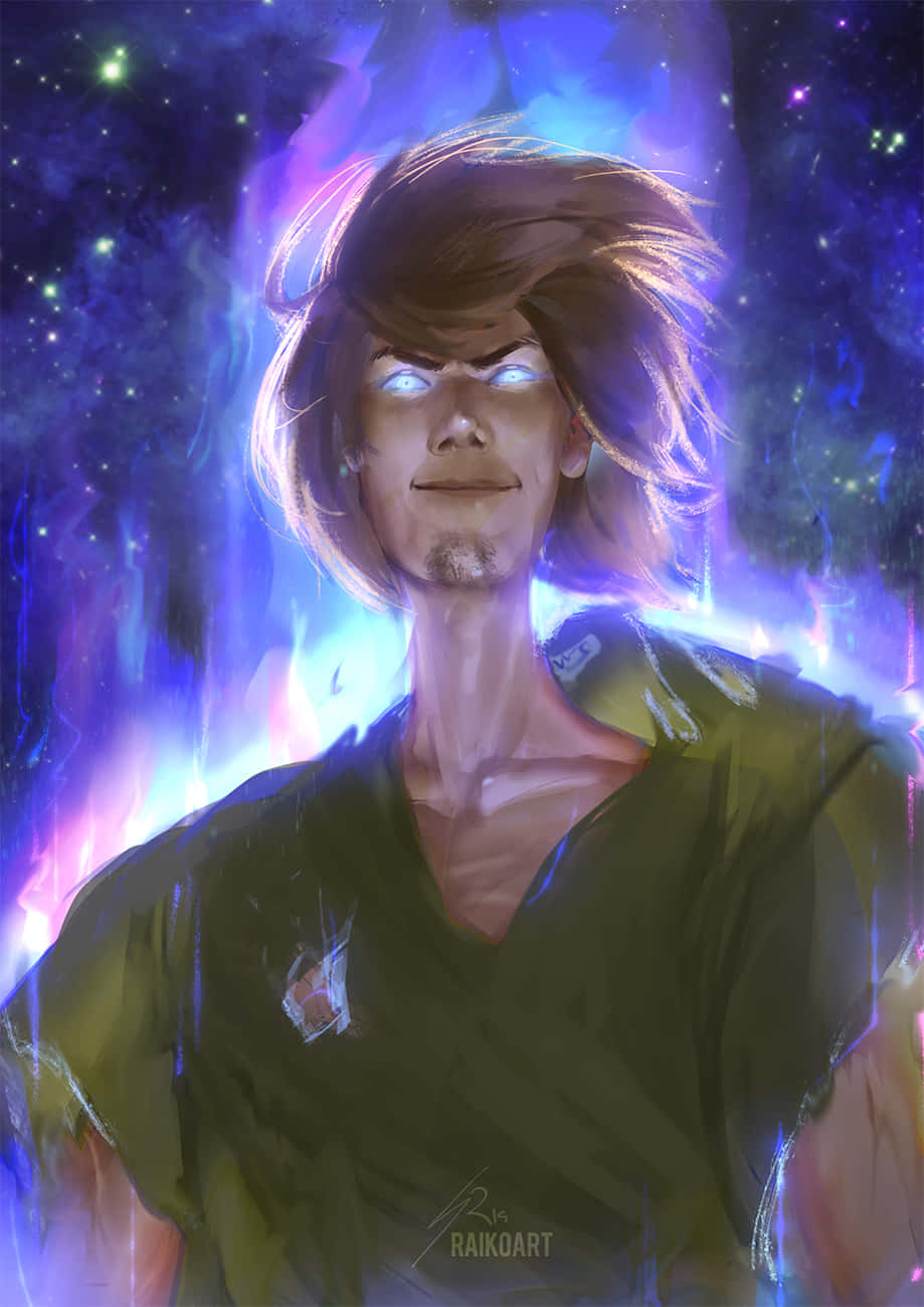 Shaggy Rogers 桌布 壁紙 — 一個擁有發光眼睛和隨風飄逸頭髮的年輕男子，站在充滿活力的宇宙星雲背景前。