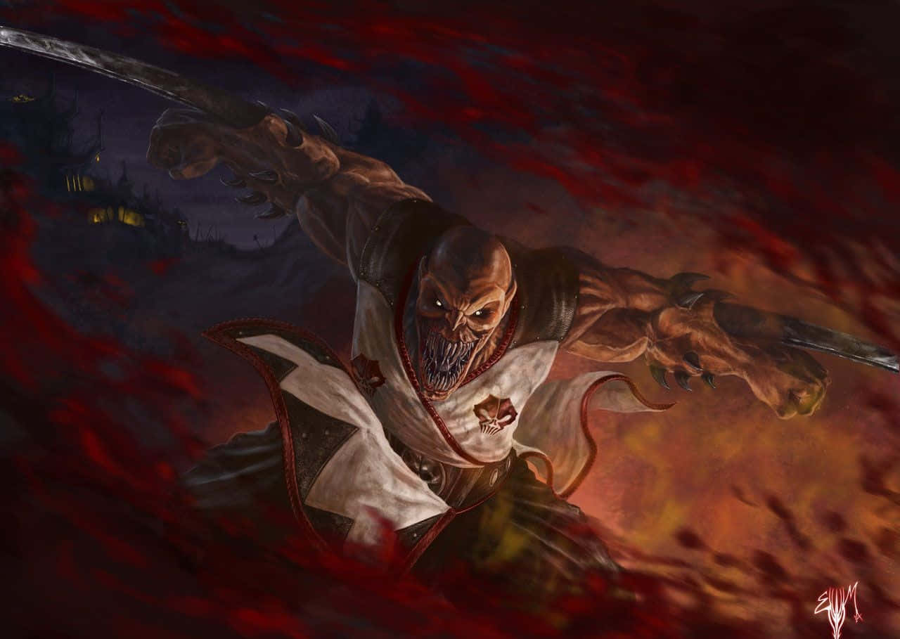 Mortal Kombat Baraka 桌布 壁紙 — 一個擁有發光眼睛和雙刃的惡魔戰士，在黑暗的夜空下穿過旋轉的紅色能量向前衝刺。