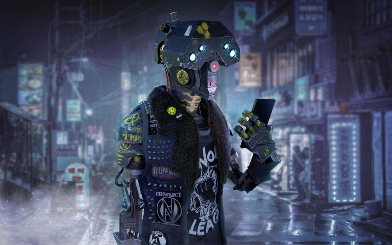 1280x800 桌布 壁紙 — 一個擁有發光眼睛和龐克補丁的賽博龐克機器人，夜晚站在霓虹燈照亮的雨中城市小巷裡。