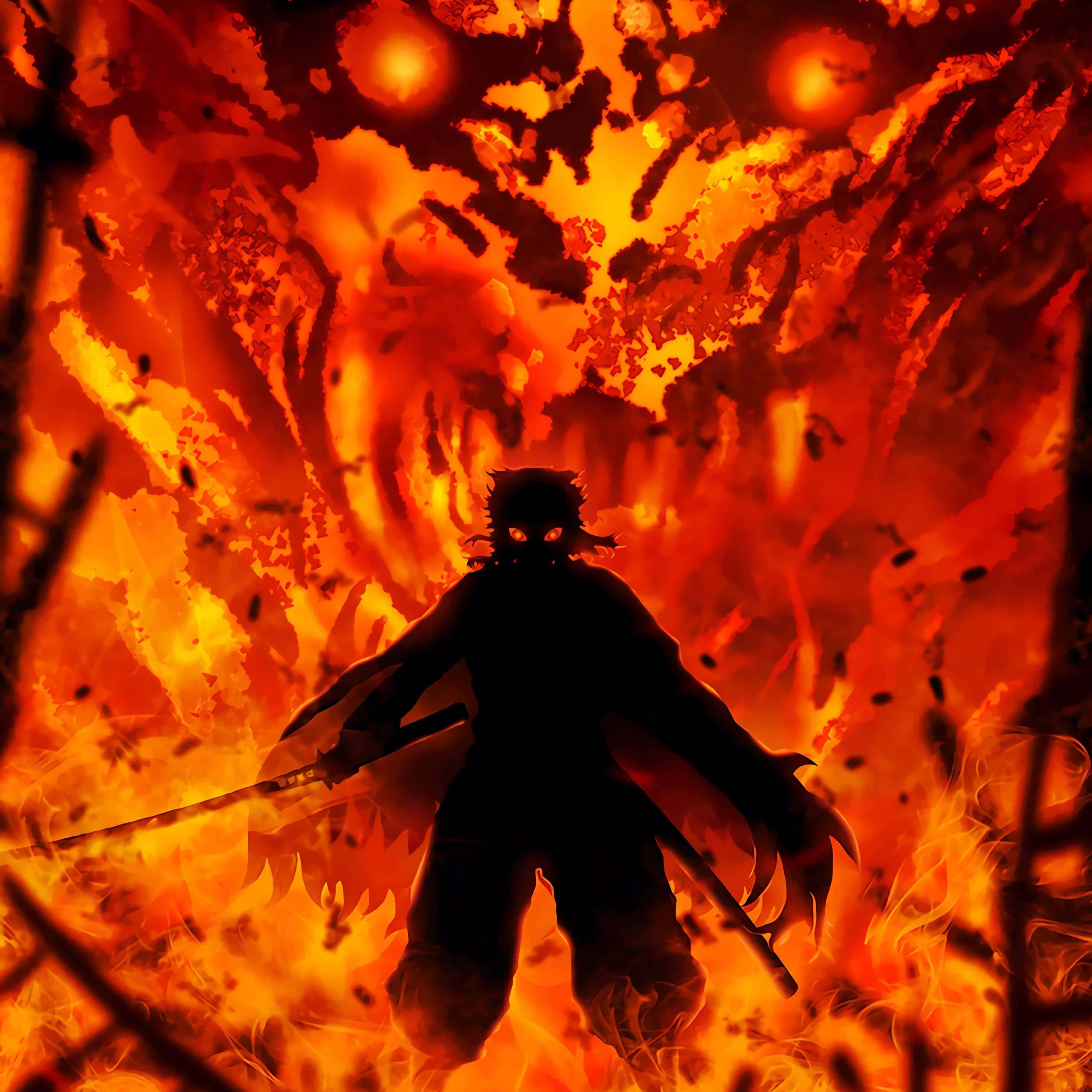 Demon Slayer iPad 桌布 壁紙 — 一個擁有發光眼睛的戰士的黑暗剪影，在橙色和紅色火焰咆哮的地獄中挑釁地站立。