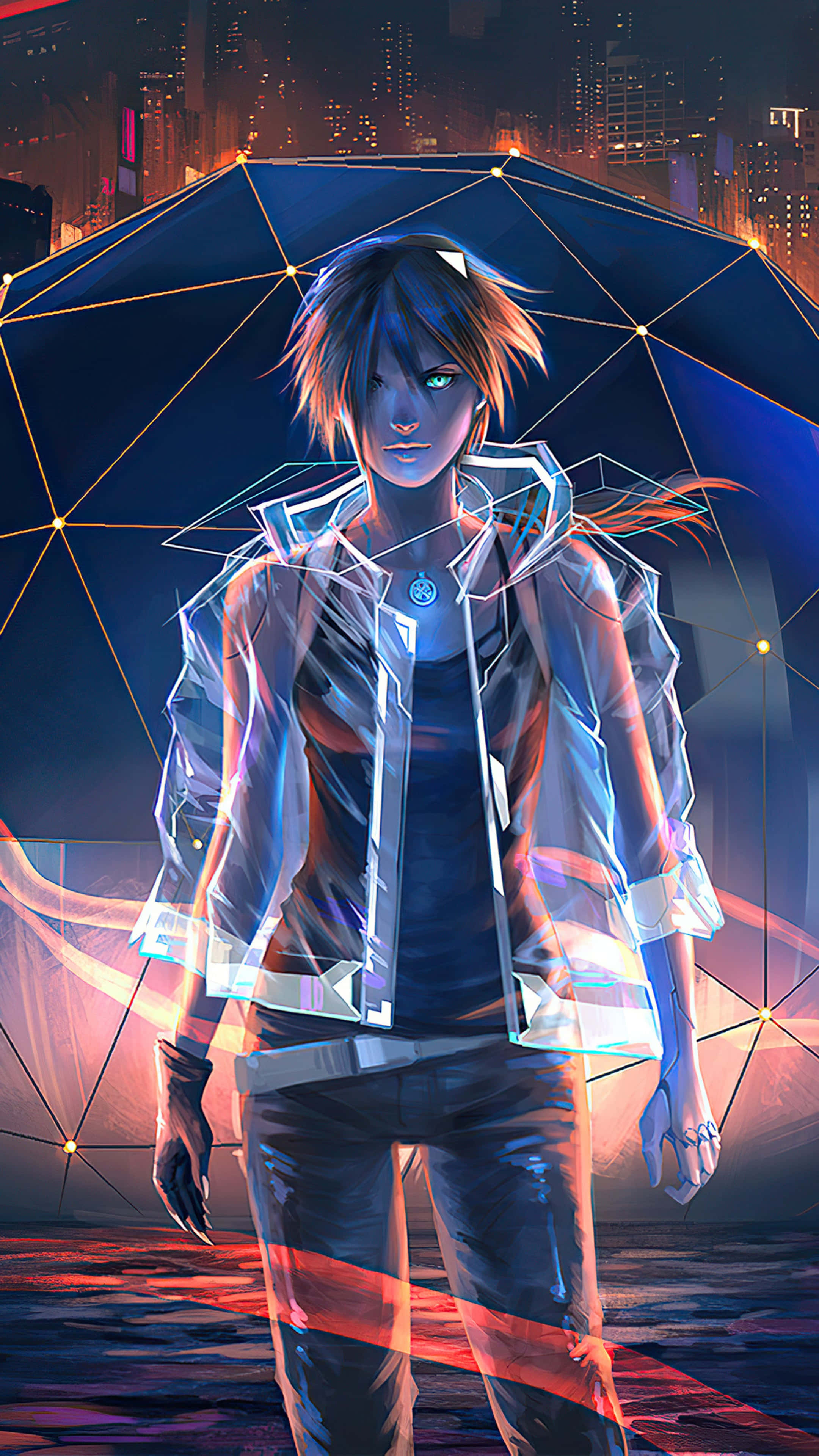 Dark Anime Boy 桌布 壁紙 — 一個擁有發光眼睛的未來動漫女孩，在夜晚霓虹燈閃爍的城市天際線下，站在一把幾何形狀的雨傘下。