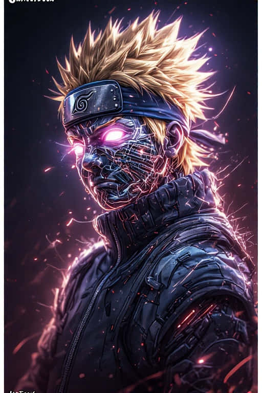 Cyberpunk Naruto Full Body Transformation 4K 壁紙 — 一個擁有發光粉紅色眼睛和尖刺金髮的機械忍者，在黑暗背景下戴著頭帶和黑色盔甲，火花四濺。