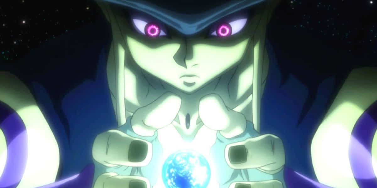 Shonen Anime 桌布 壁紙 — 一個擁有發光粉紅色眼睛的動漫角色，在星光宇宙背景下手持發光藍色球體。