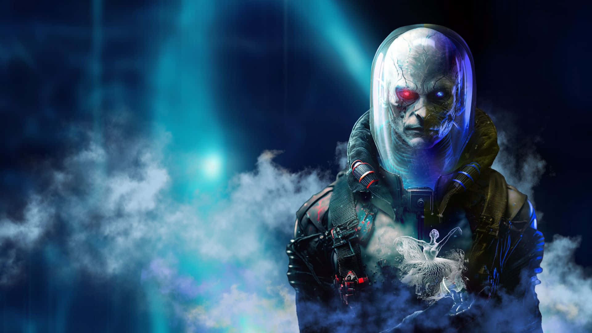 Mr Freeze 桌布 壁紙 — 一個擁有發光紅眼和半透明頭盔的網路戰士，在戲劇性燈光下從旋轉的藍色煙霧中出現。