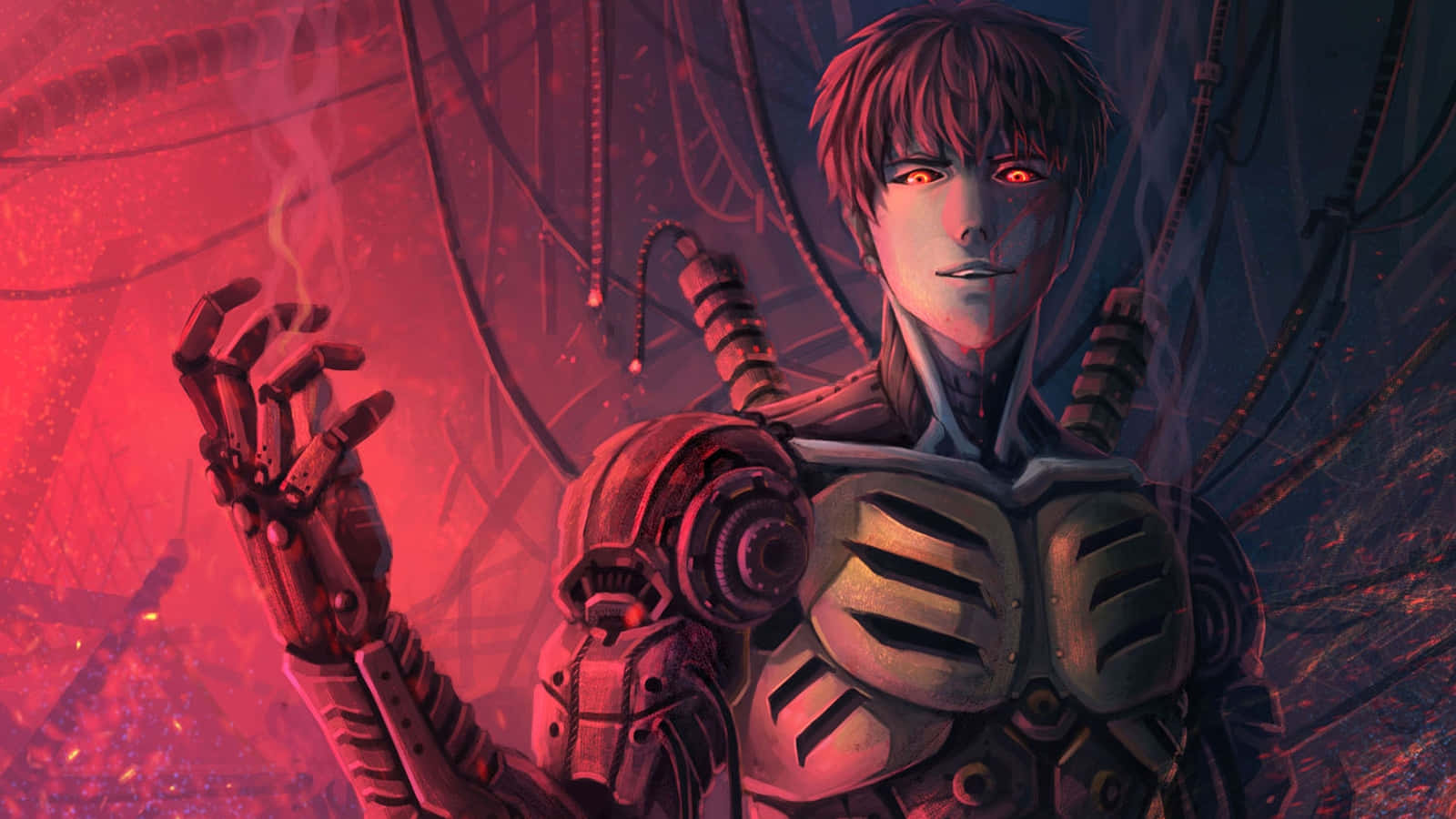 Genos 桌布 壁紙 — 一個擁有發光紅眼和機械手臂的網路戰士，站在紅色調的工業環境中。