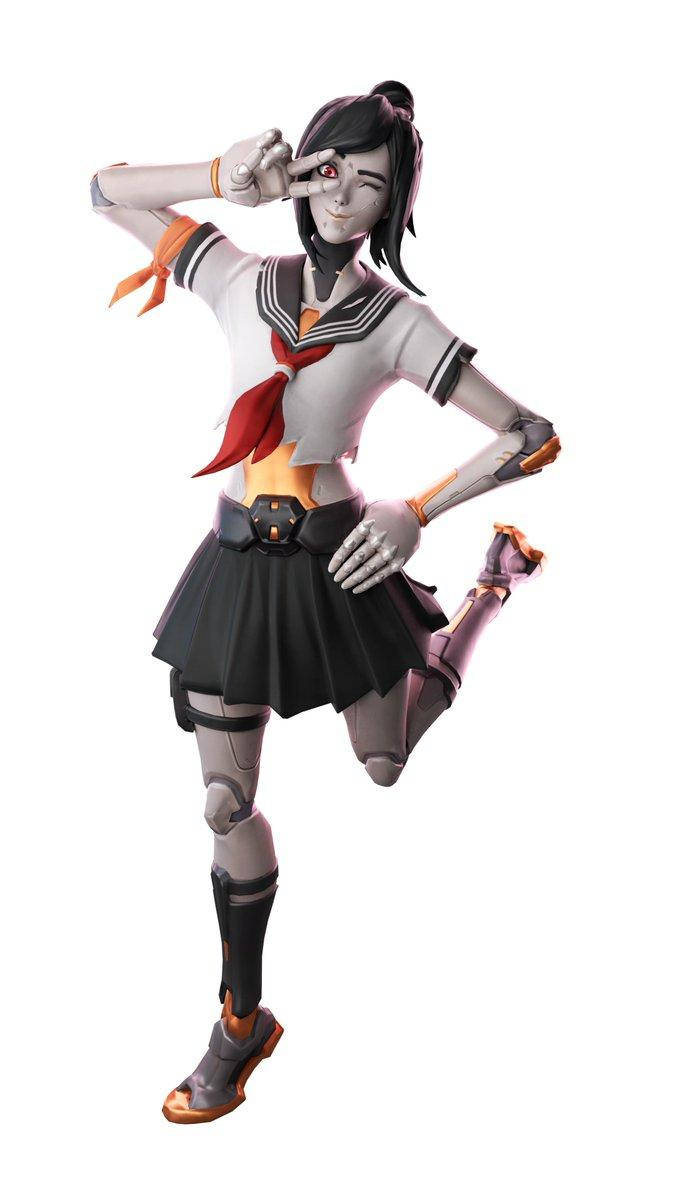 tsuki fortnite 桌布 壁紙 — 一個擁有發光紅眼和機械肢體的網路女學生，在白色背景前擺出俏皮的姿勢。