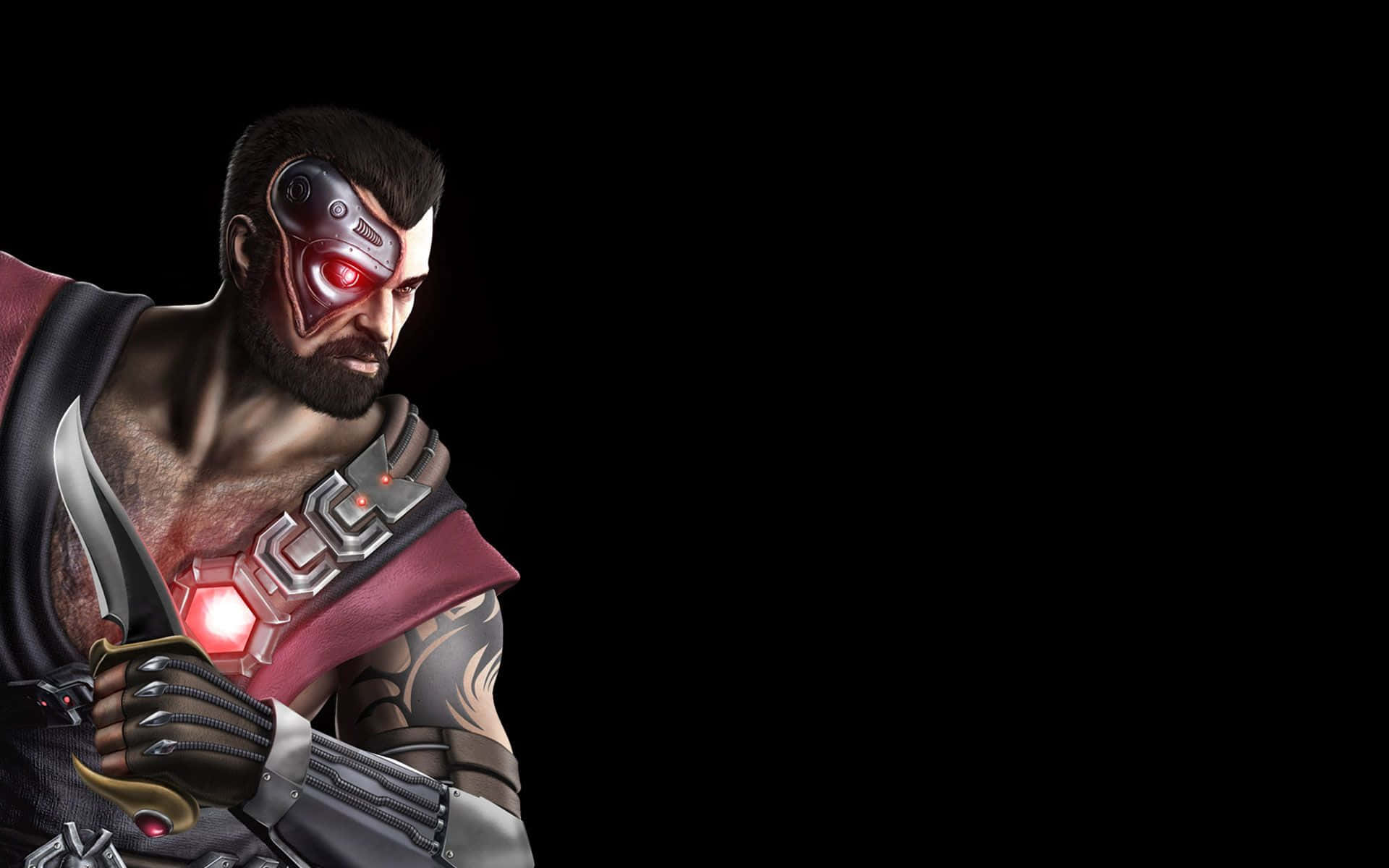 Mortal Kombat Kano 桌布 壁紙 — 一個擁有發光紅眼和機械臂的賽博戰士，在黑色背景前握著一把刀刃。