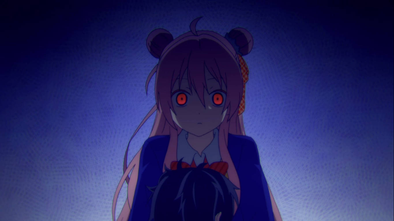 Happy Sugar Life 桌布 壁紙 — 一個擁有發光紅眼和熊耳的女孩，在深藍色漸變背景前抱著一個深色頭髮的人物。