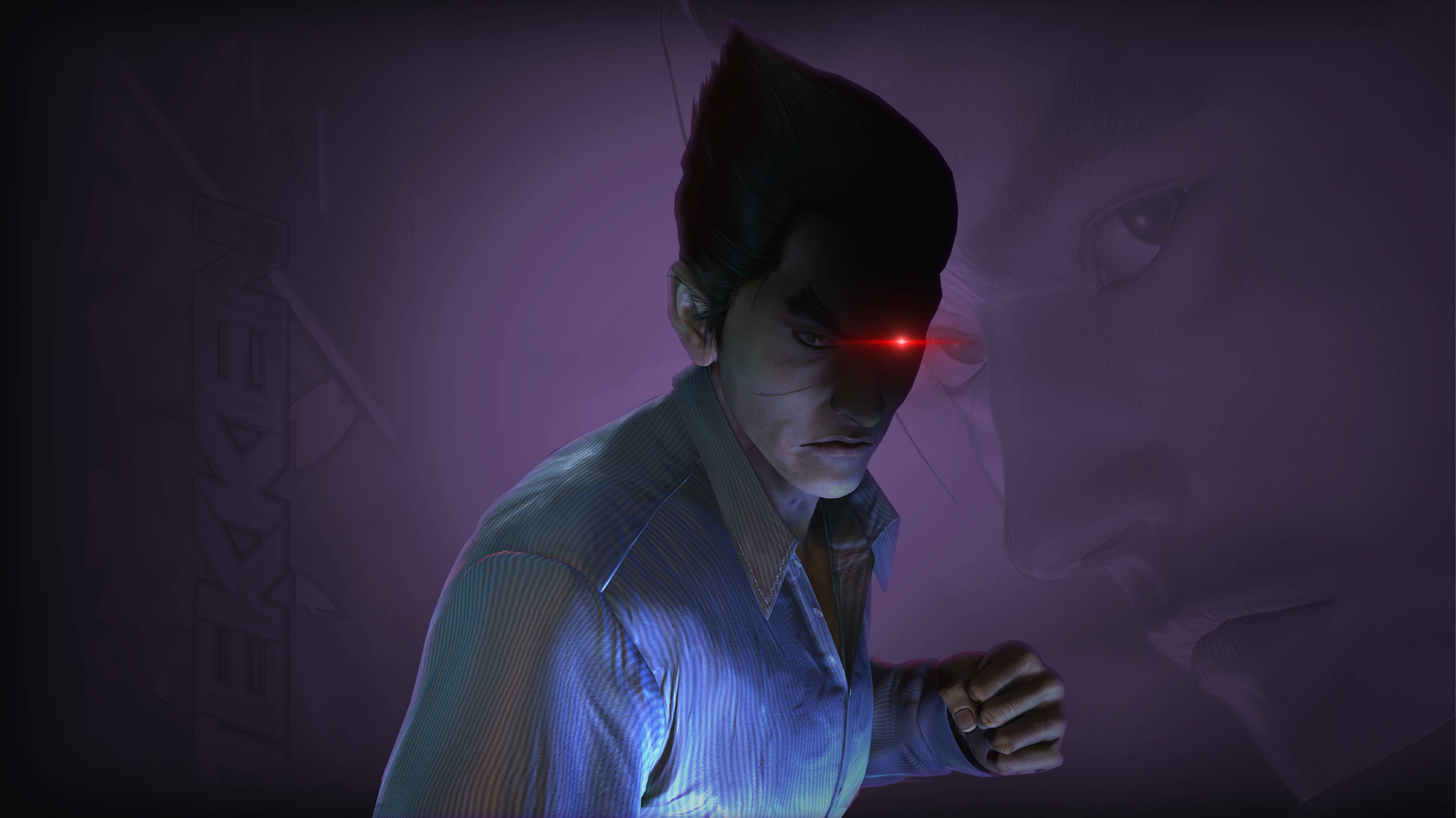 kazuya mishima 桌布 壁紙 — 一個擁有發光紅眼和緊握拳頭的男人站在昏暗的紫色房間中，身後有一個幽靈般的面孔。