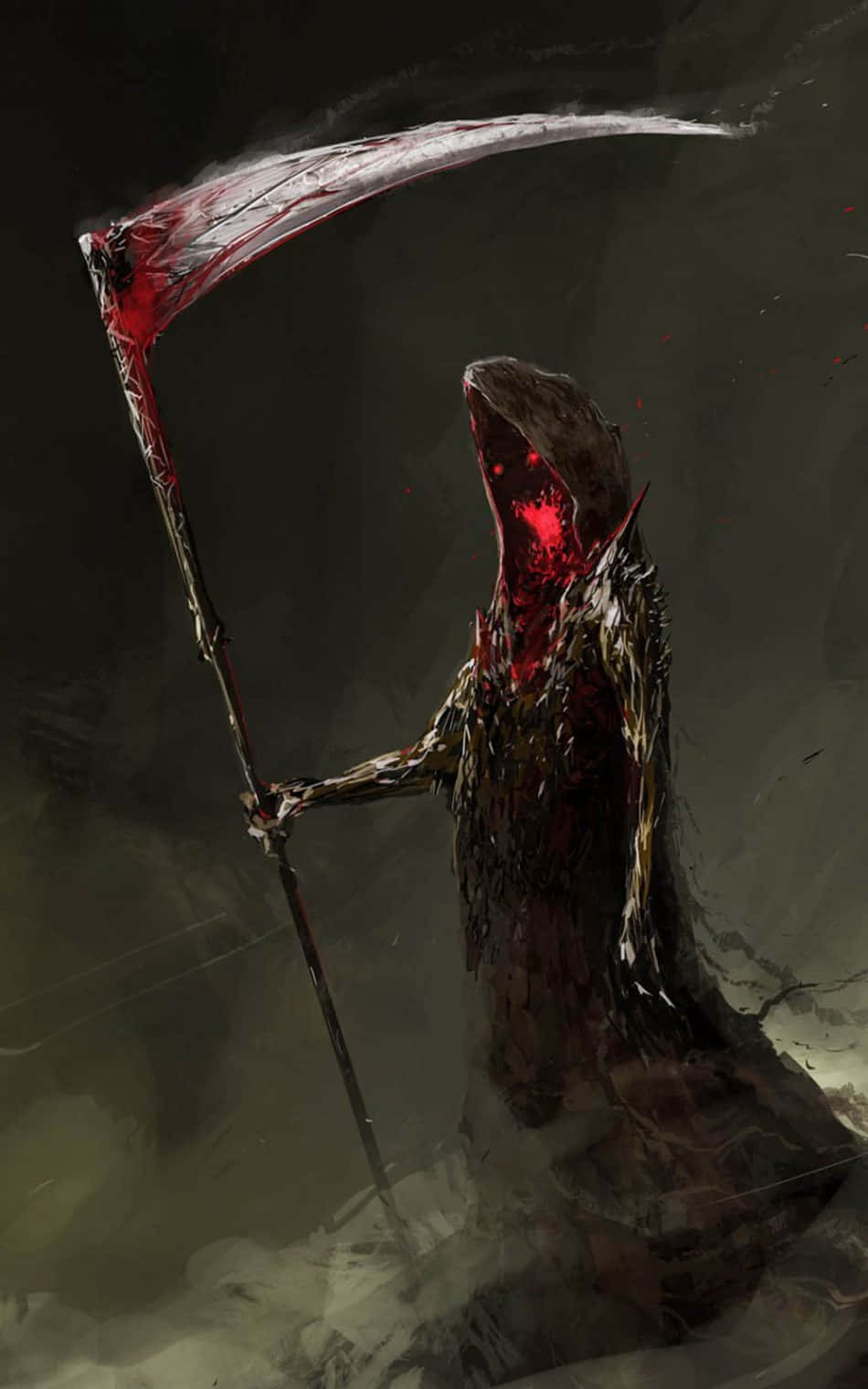 Scythe 桌布 壁紙 — 一個擁有發光紅眼和血跡斑斑鐮刀的死神，站在陰暗迷霧中，散發著黑暗的威脅。