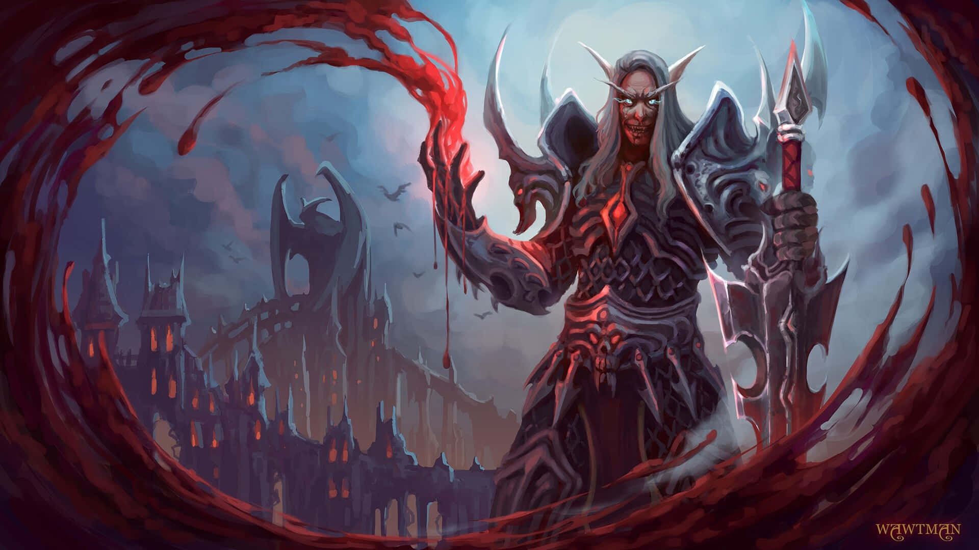World Of Warcraft Shadowlands 桌布 壁紙 — 一個擁有發光紅眼和角的惡魔軍閥，在哥德式城堡上空旋轉的深紅能量中揮舞著血淋淋的斧頭。