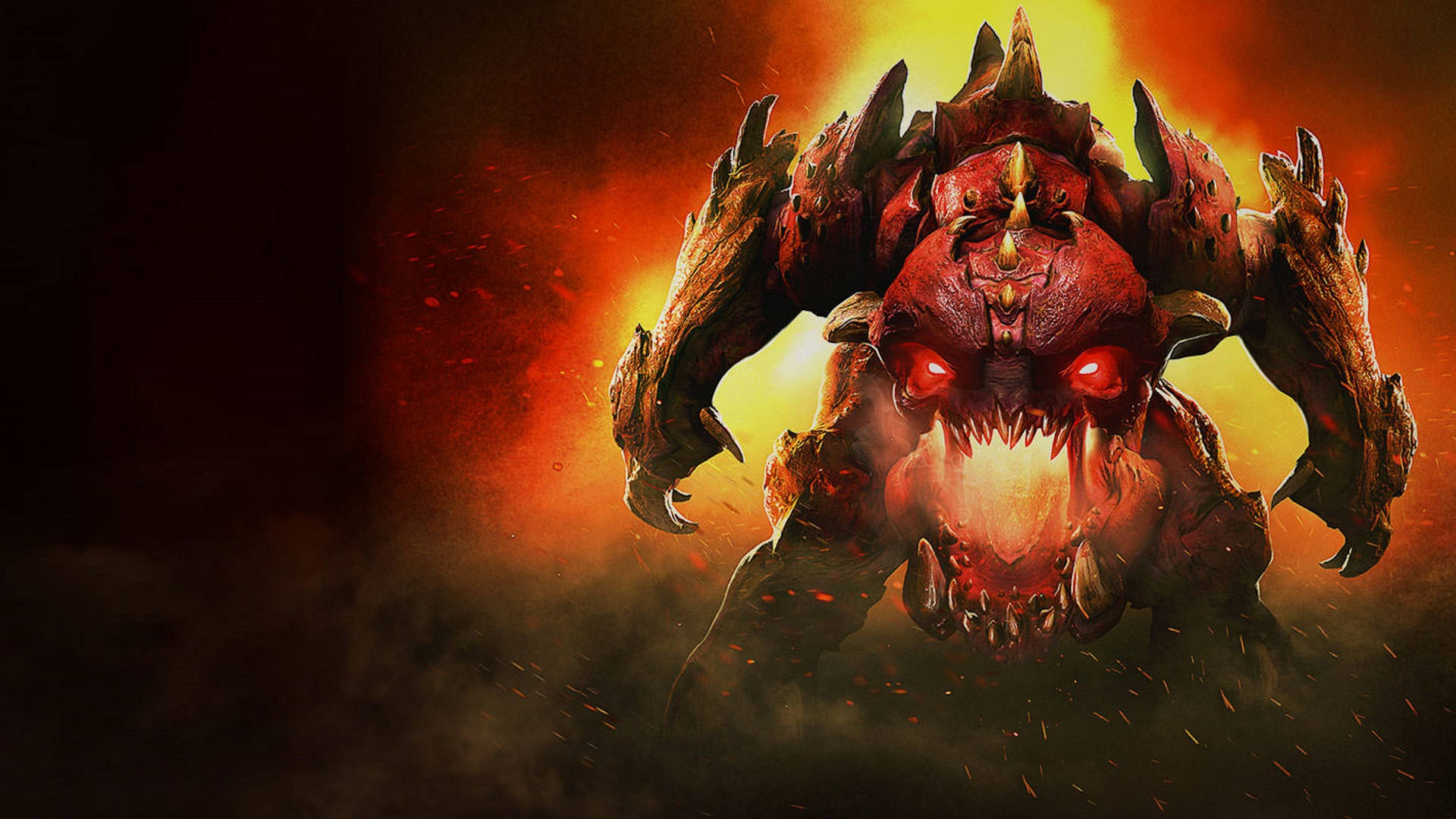 Doom 4K 桌布 壁紙 — 一個擁有發光紅眼和鋸齒狀角的可怕惡魔生物，從熾熱的煙霧中出現，背景是熊熊燃燒的橙色和黃色。