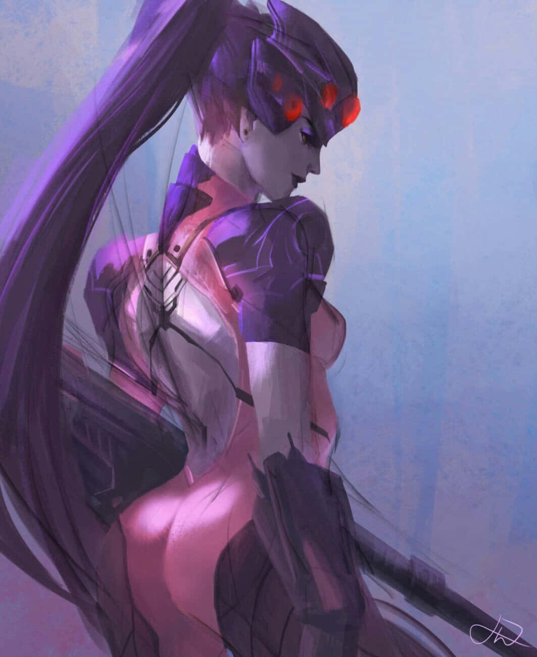 iPhone Xs Overwatch 桌布 壁紙 — 一個擁有發光紅眼和飄逸紫髮的賽博龐克動漫女孩，站在柔和的藍色薄霧中。