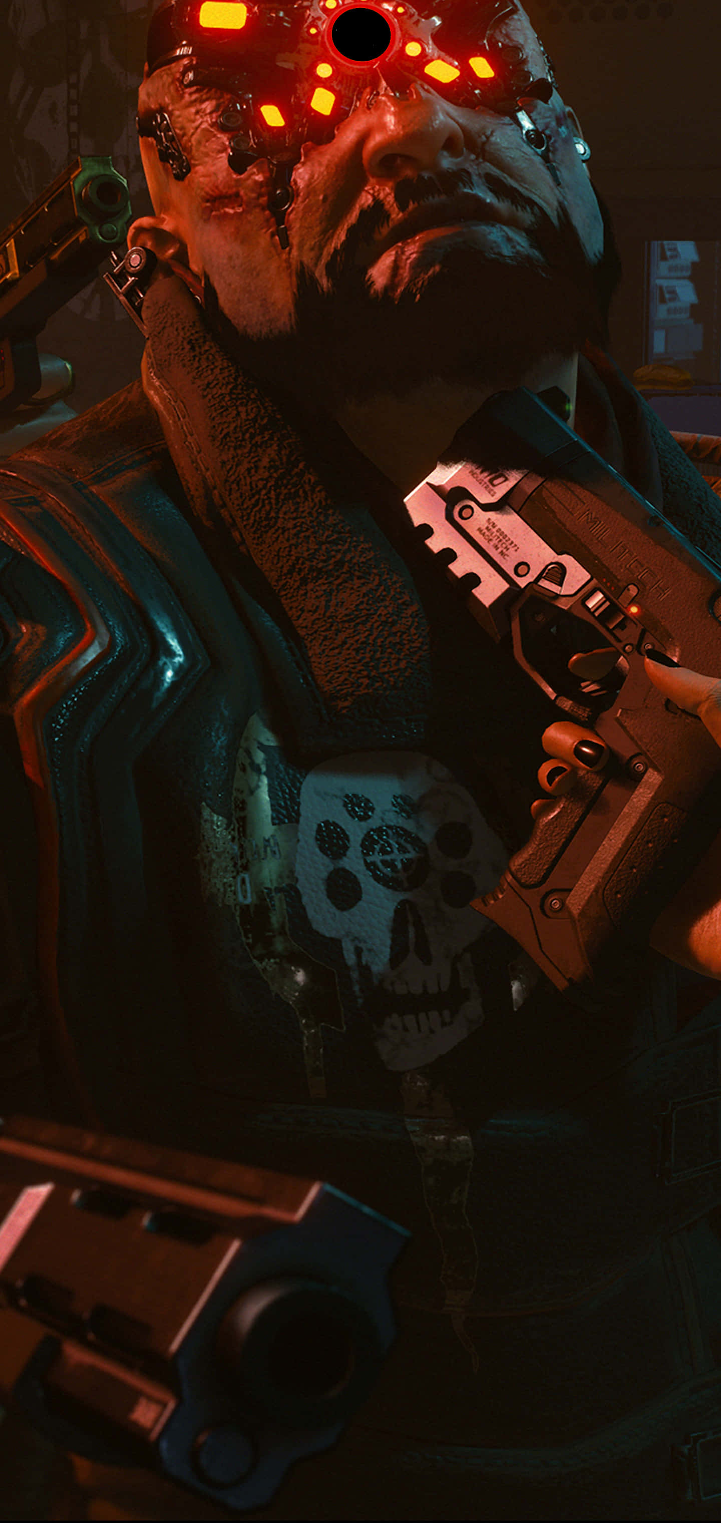 桌布 壁紙 — 一個擁有發光紅眼和骷髏標誌的機械戰士，在昏暗環境中手持未來武器。