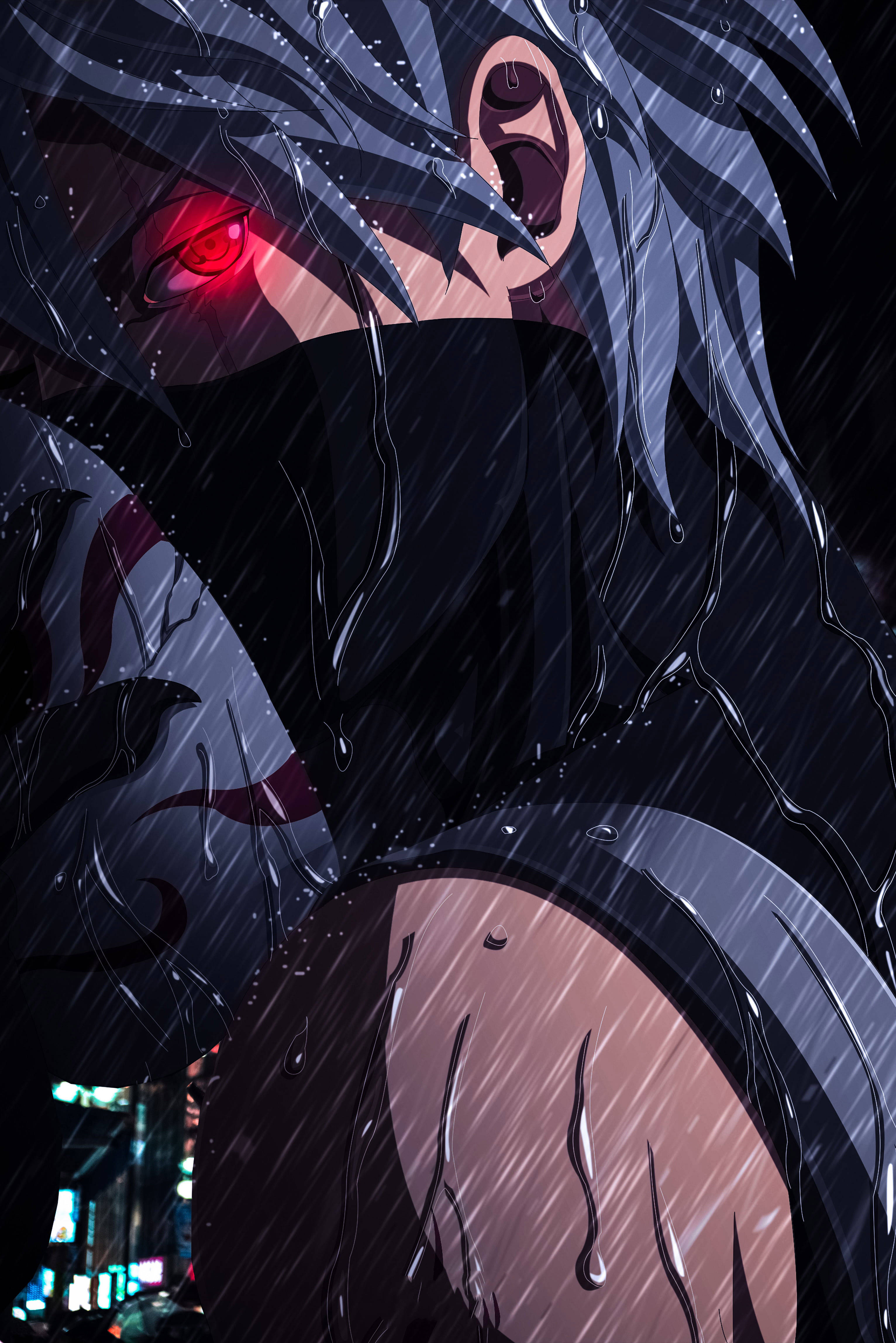 kakashi pfp 桌布 壁紙 — 一個擁有發光紅眼和黑髮的動漫角色，在夜晚霓虹燈照亮的城市景觀中站在大雨中。