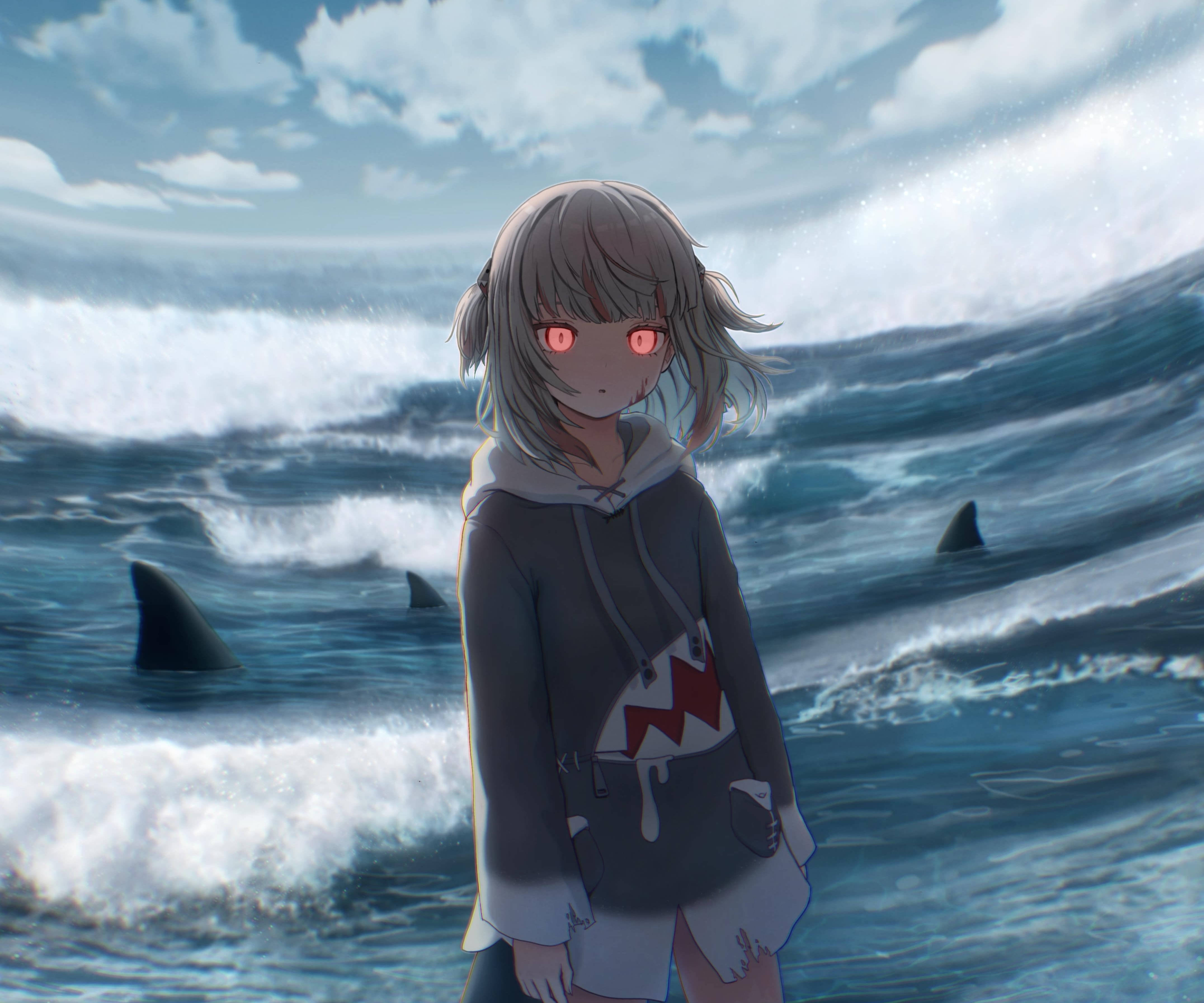 動漫女孩 桌布 壁紙 — 一個擁有發光紅眼的女孩平靜地站在翻騰的海浪中，鯊魚鰭在她身後劃破水面。