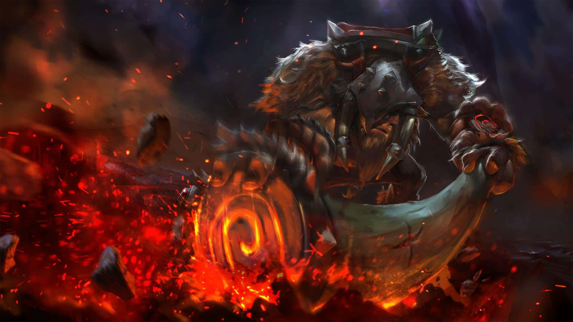 1920x1080 Dota 2 桌布 壁紙 — 一個擁有發光紅眼的怪物裝甲戰士，在黑暗的末日場景中衝過燃燒的碎片和熔岩。
