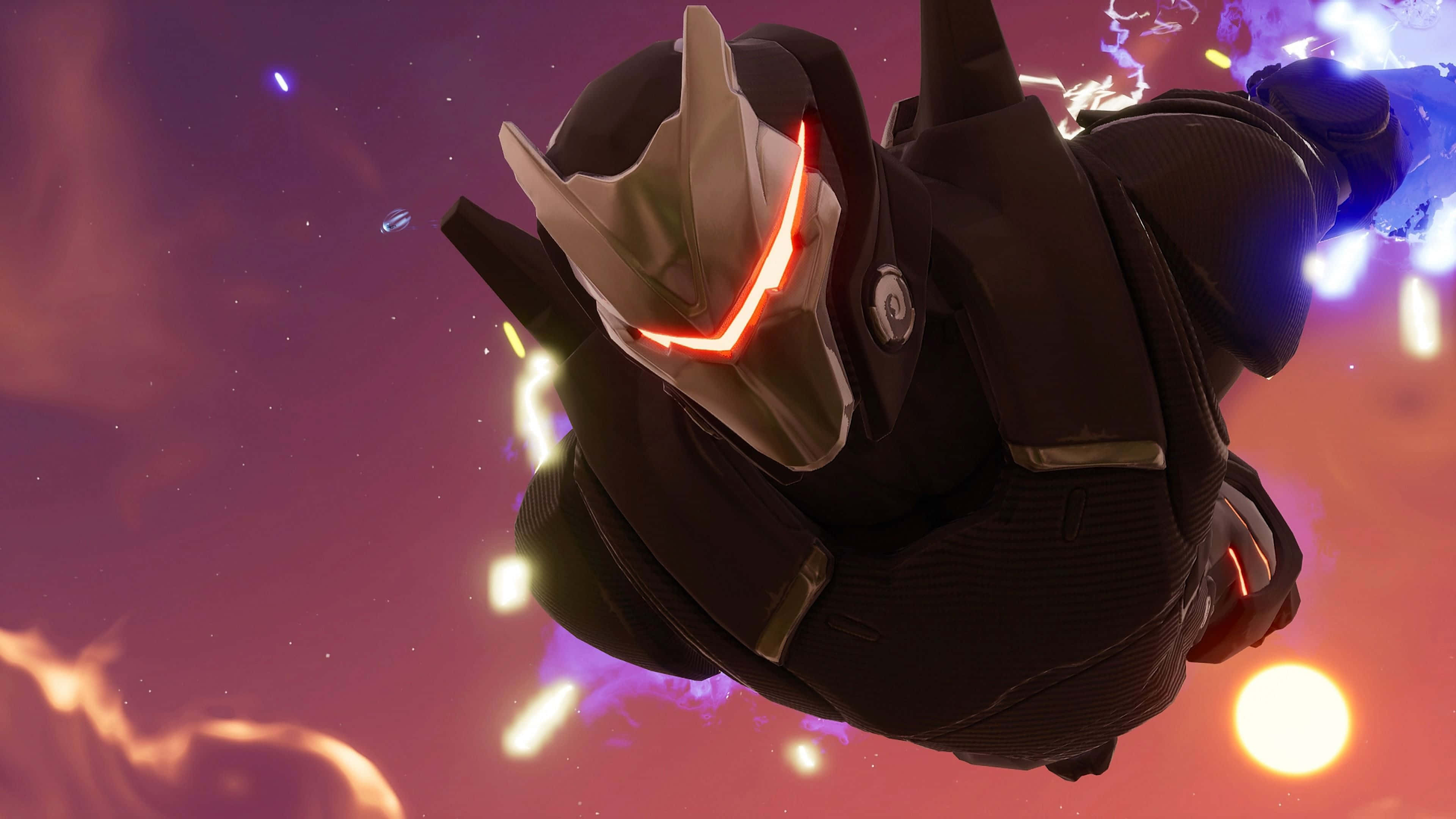 Fortnite 桌布 壁紙 — 一個擁有發光紅眼的未來裝甲戰士在充滿星星和能量爆發的宇宙天空中翱翔。