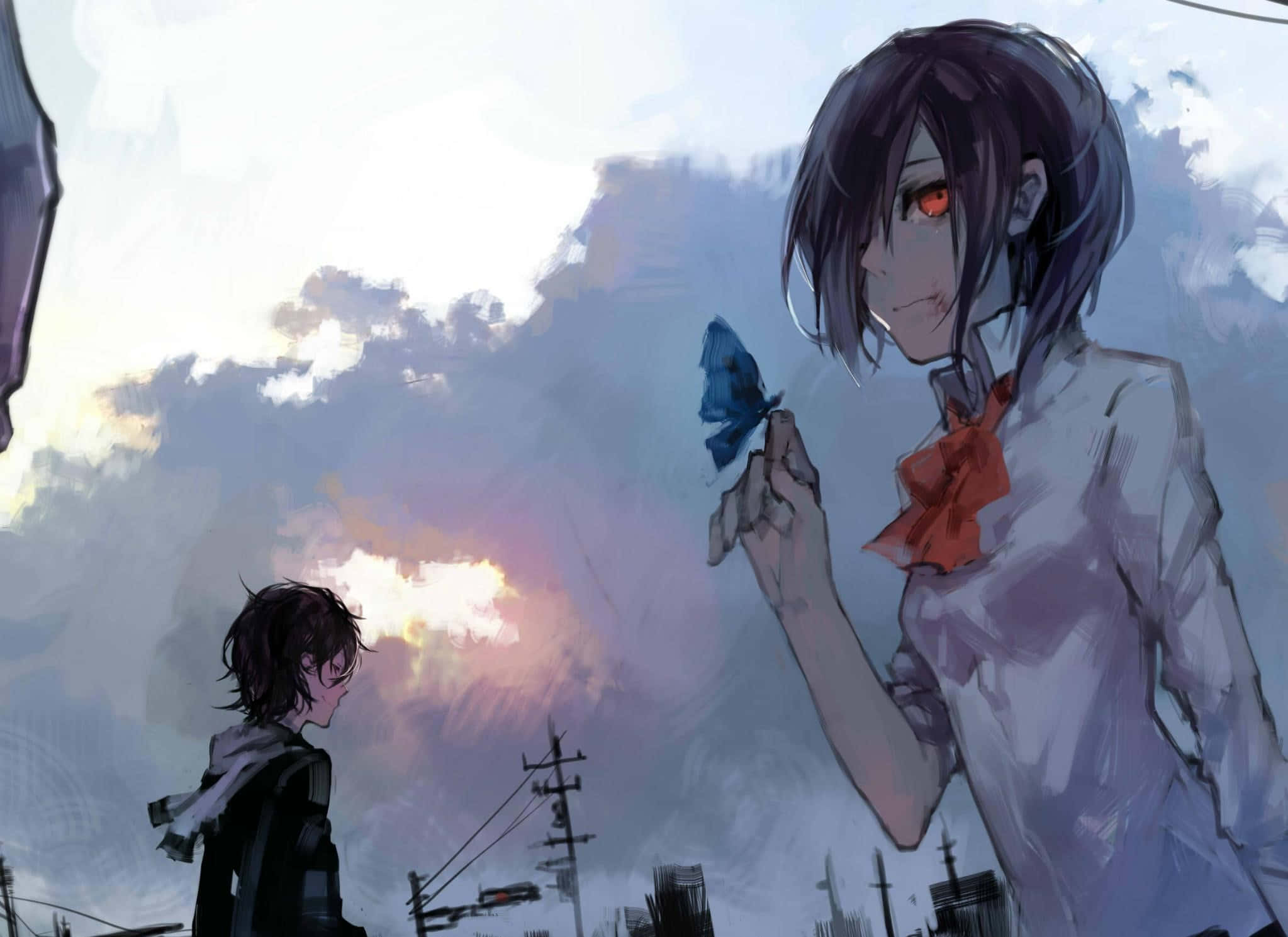 Ayato Kirishima 桌布 壁紙 — 一個擁有發光紅眼睛的女孩拿著一隻藍色蝴蝶，而一個男孩在多雲的日落天空下抬頭看著她。