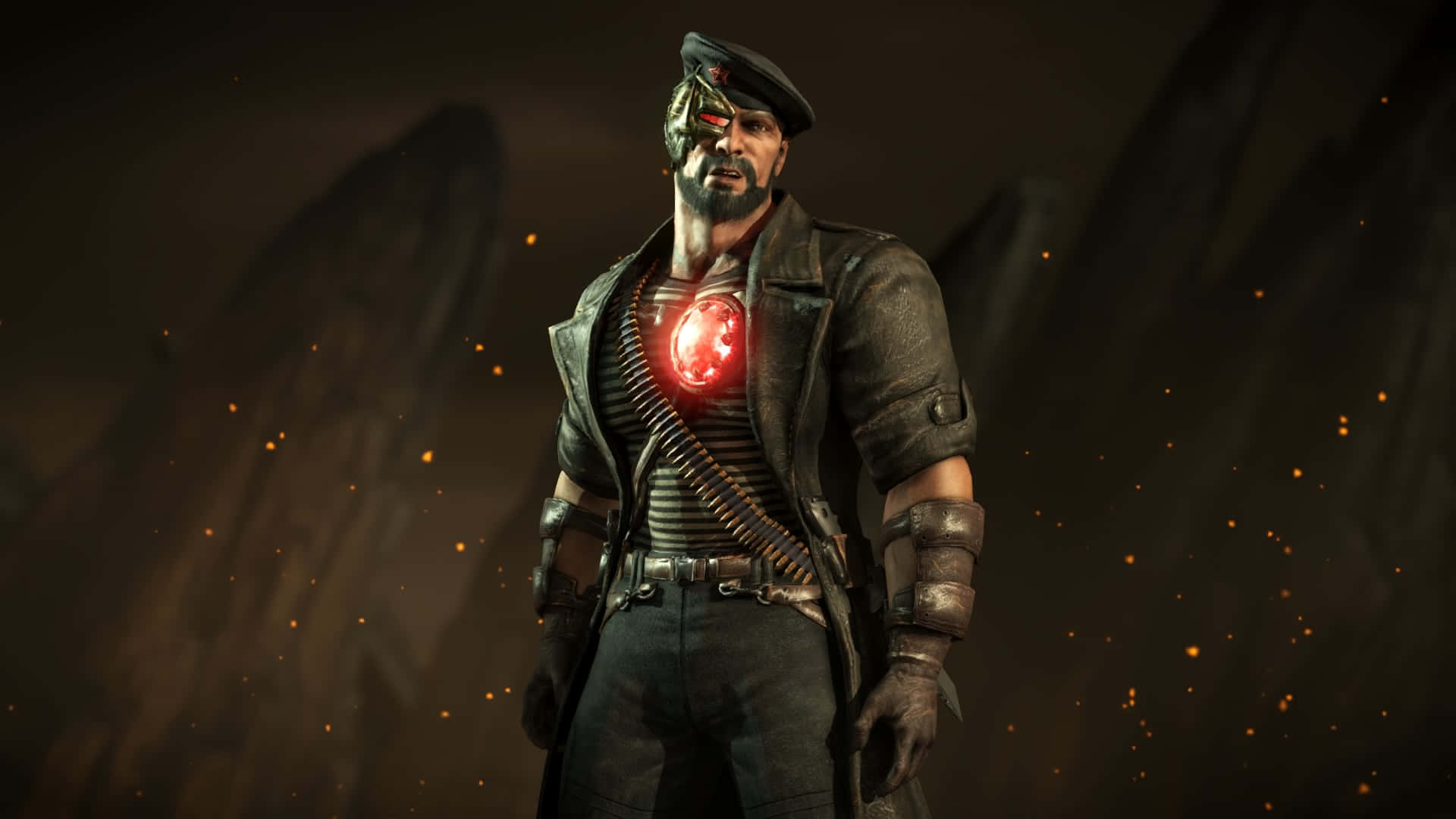 Mortal Kombat Kano 桌布 壁紙 — 一個擁有發光紅色胸部植入物和機械眼睛的網路士兵，站在黑暗煙霧繚繞的環境中，周圍有漂浮的火星。