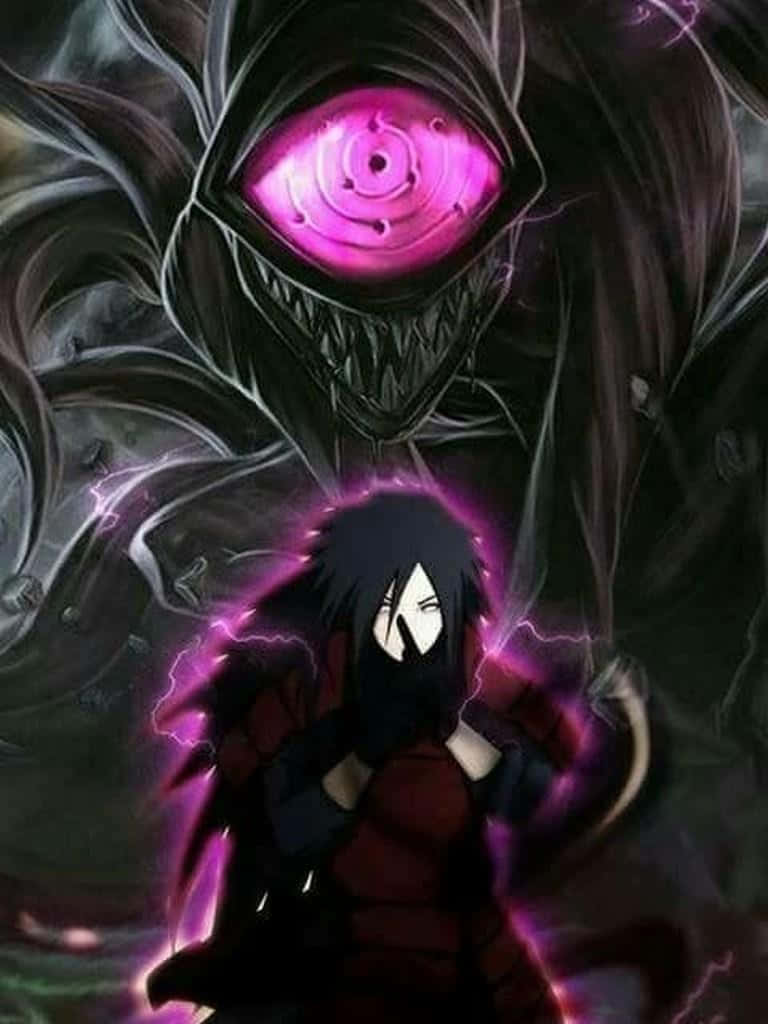 Madara Cool 桌布 壁紙 — 一個擁有發光紫色眼睛和閃電的黑暗動漫角色，站在一個只有一隻巨大粉紅色眼睛的怪物陰影實體面前。