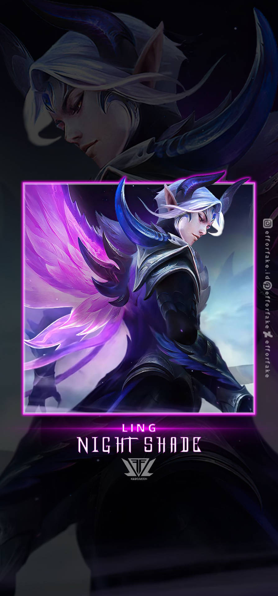 Mobile Legends 動態圖 桌布 壁紙 — 一個擁有發光紫色翅膀和銀色頭髮的黑暗奇幻動漫角色，站在一個風格化的框架中，背景陰暗。