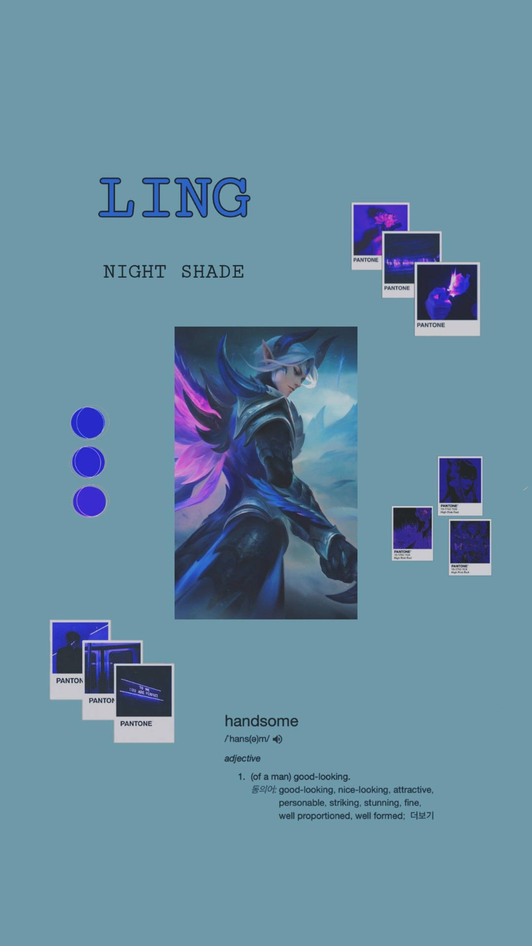 Mobile Legends 動態圖 桌布 壁紙 — 一個擁有發光紫色翅膀的英俊動漫角色，站在柔和的藍色背景前，周圍環繞著 Pantone 色票。