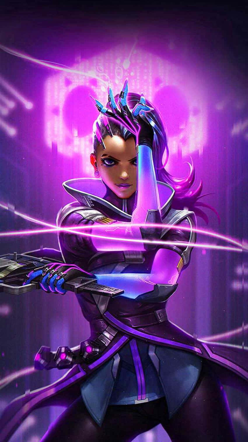 iPhone Xs Overwatch 桌布 壁紙 — 一個擁有發光紫色頭髮和未來主義盔甲的賽博龐克戰士，在霓虹能量條中手持武器，蓄勢待發。