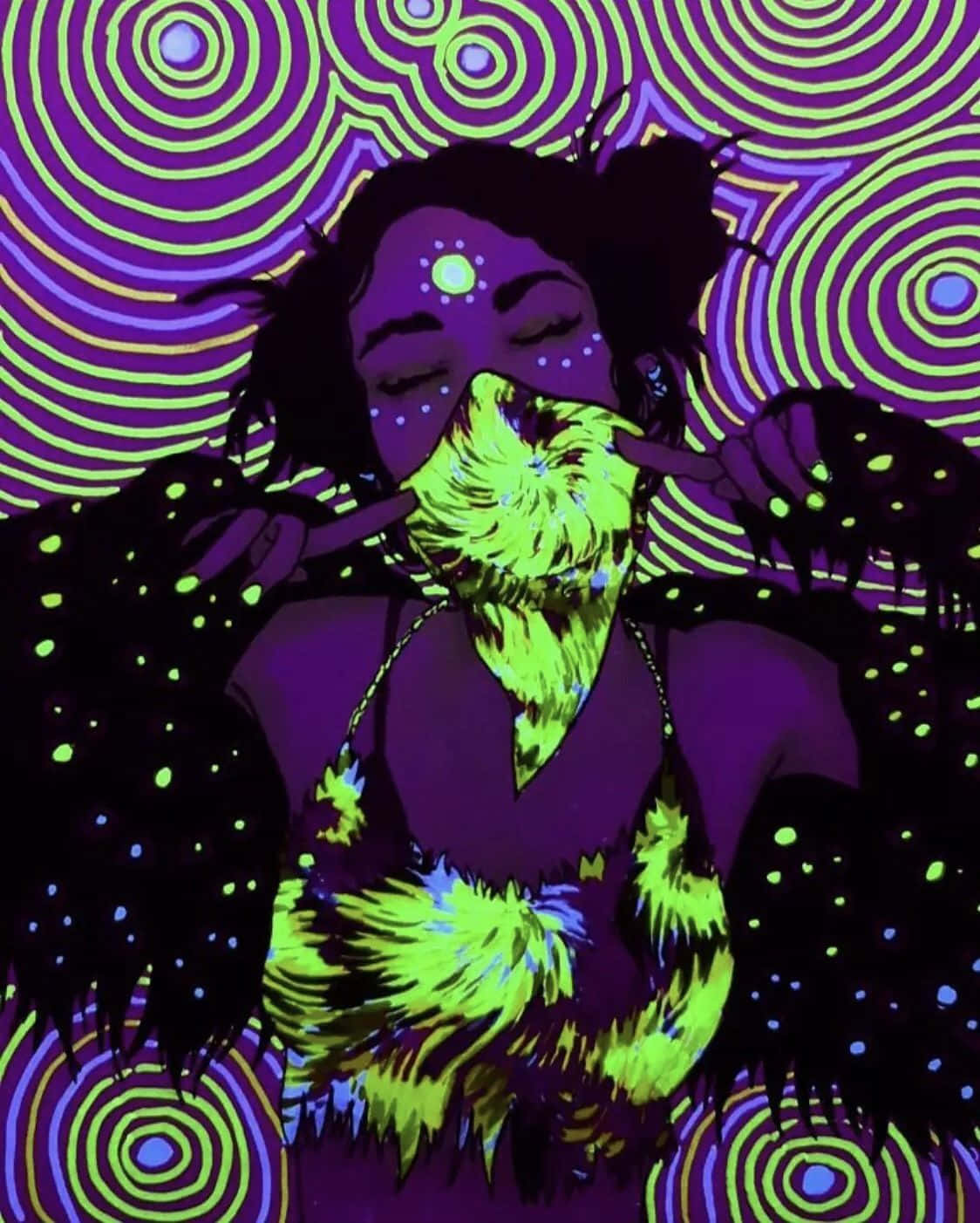 Trippy Aesthetic Baddie 桌布 壁紙 — 一個擁有發光綠色毛皮、閉著眼睛的人，站在迷幻紫色和螢光綠色的螺旋背景前。