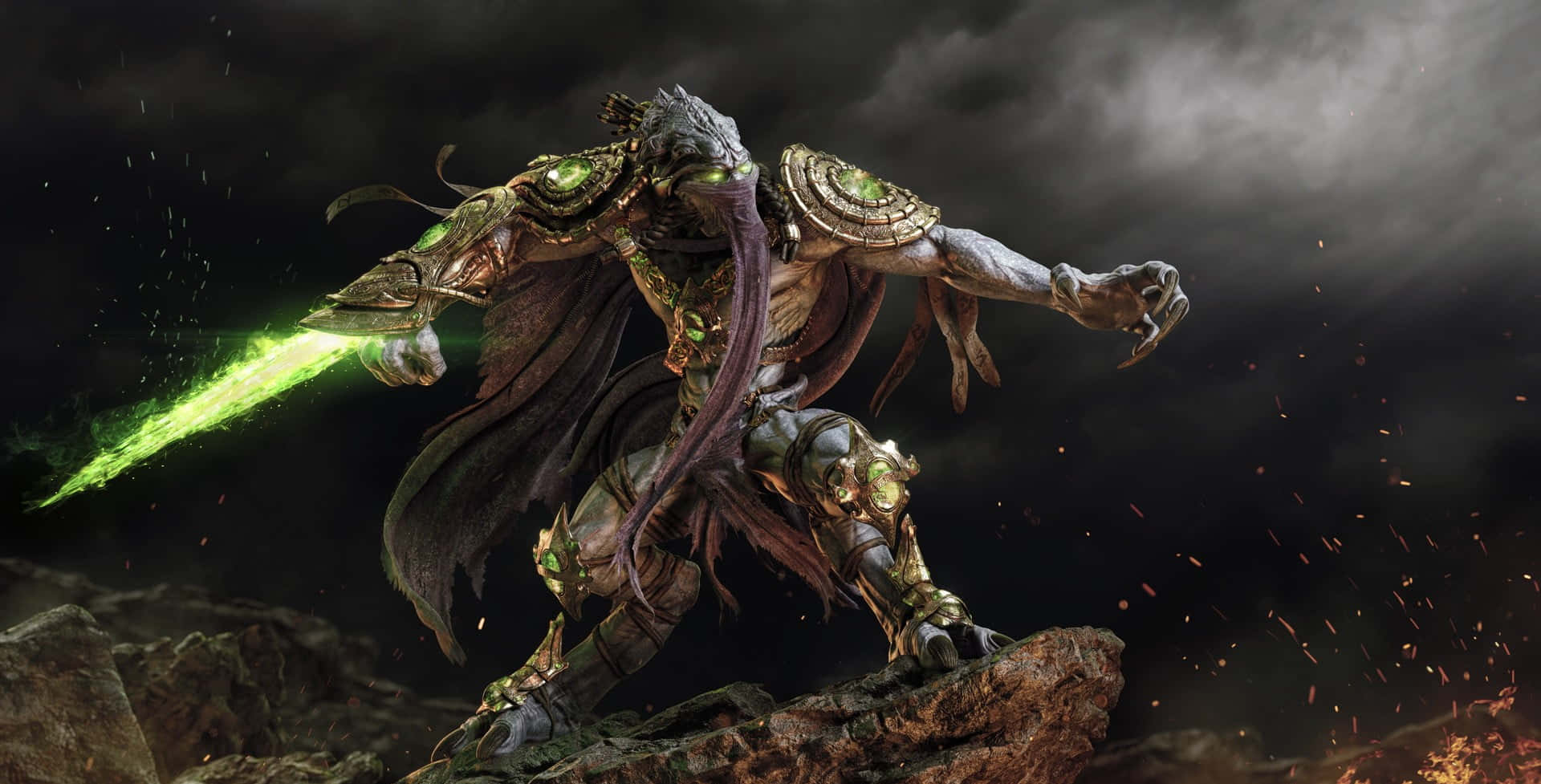 Starcraft Characters 桌布 壁紙 — 一個擁有發光綠色眼睛和刀刃的怪物般裝甲戰士，在暴風雨的天空下，在岩石懸崖頂上釋放出綠色能量爆炸。