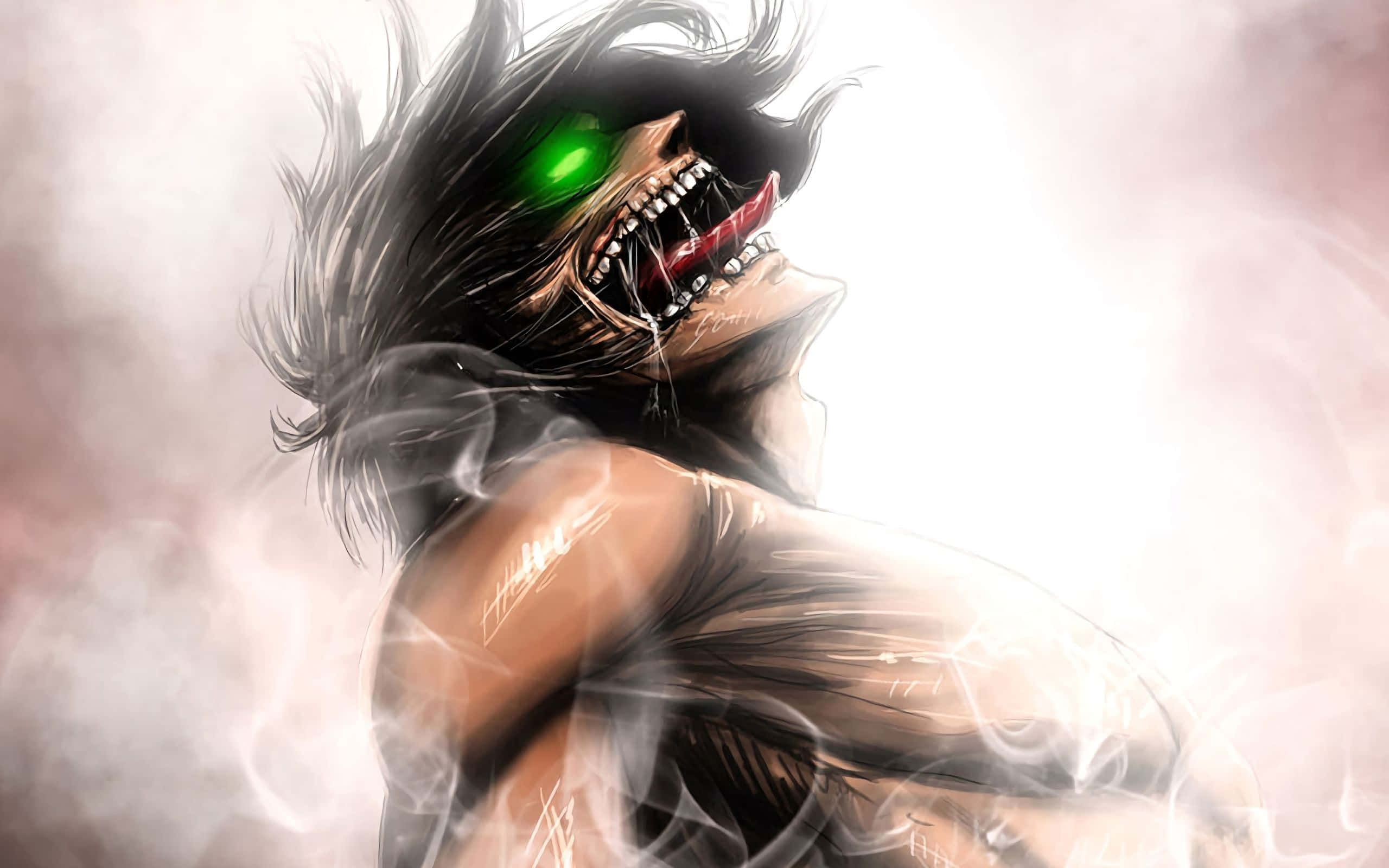 Attack On Titan Titan Eren 桌布 壁紙 — 一個擁有發光綠色眼睛和尖銳牙齒的怪物泰坦，在煙霧繚繞的背景中咆哮。