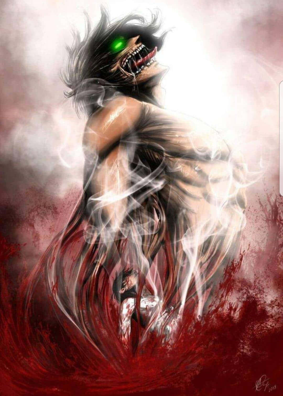 Attack On Titan Titan Eren 桌布 壁紙 — 一個擁有發光綠色眼睛和尖銳牙齒的怪物巨人，在旋轉的紅色和白色迷霧中俯視著一個小身影。