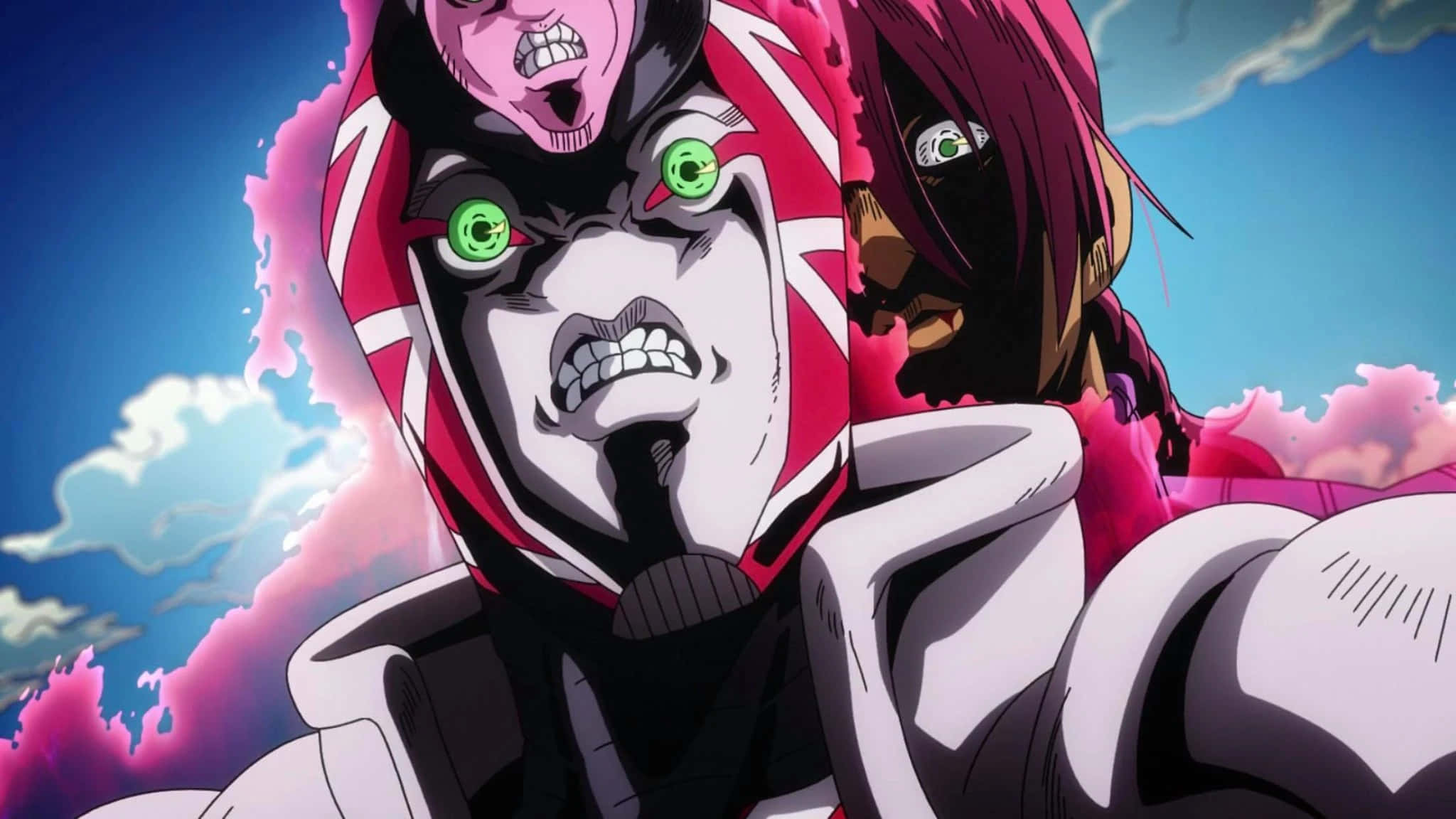 Jojo King Crimson 桌布 壁紙 — 一個擁有發光綠色眼睛和粉紅色頭髮的動漫角色，在帶有粉紅色雲朵的鮮豔藍天下咆哮。
