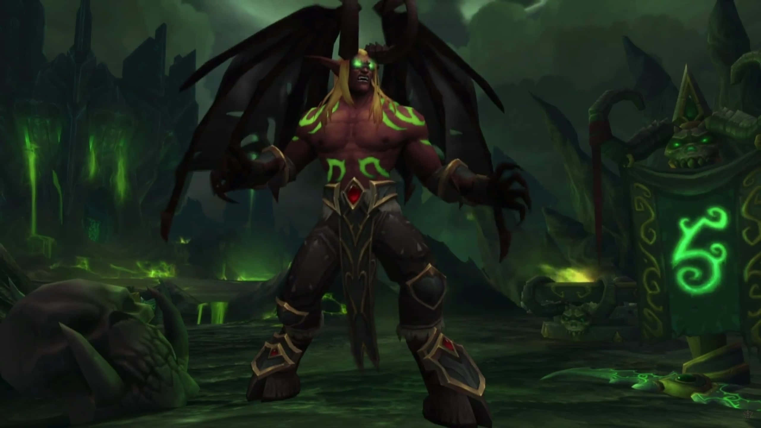 Demon Hunting 桌布 壁紙 — 一個擁有發光綠色眼睛和翅膀的惡魔獸人，威嚇地站在一個黑暗、綠色照明的廢墟中，周圍有發光的符文和頭骨。