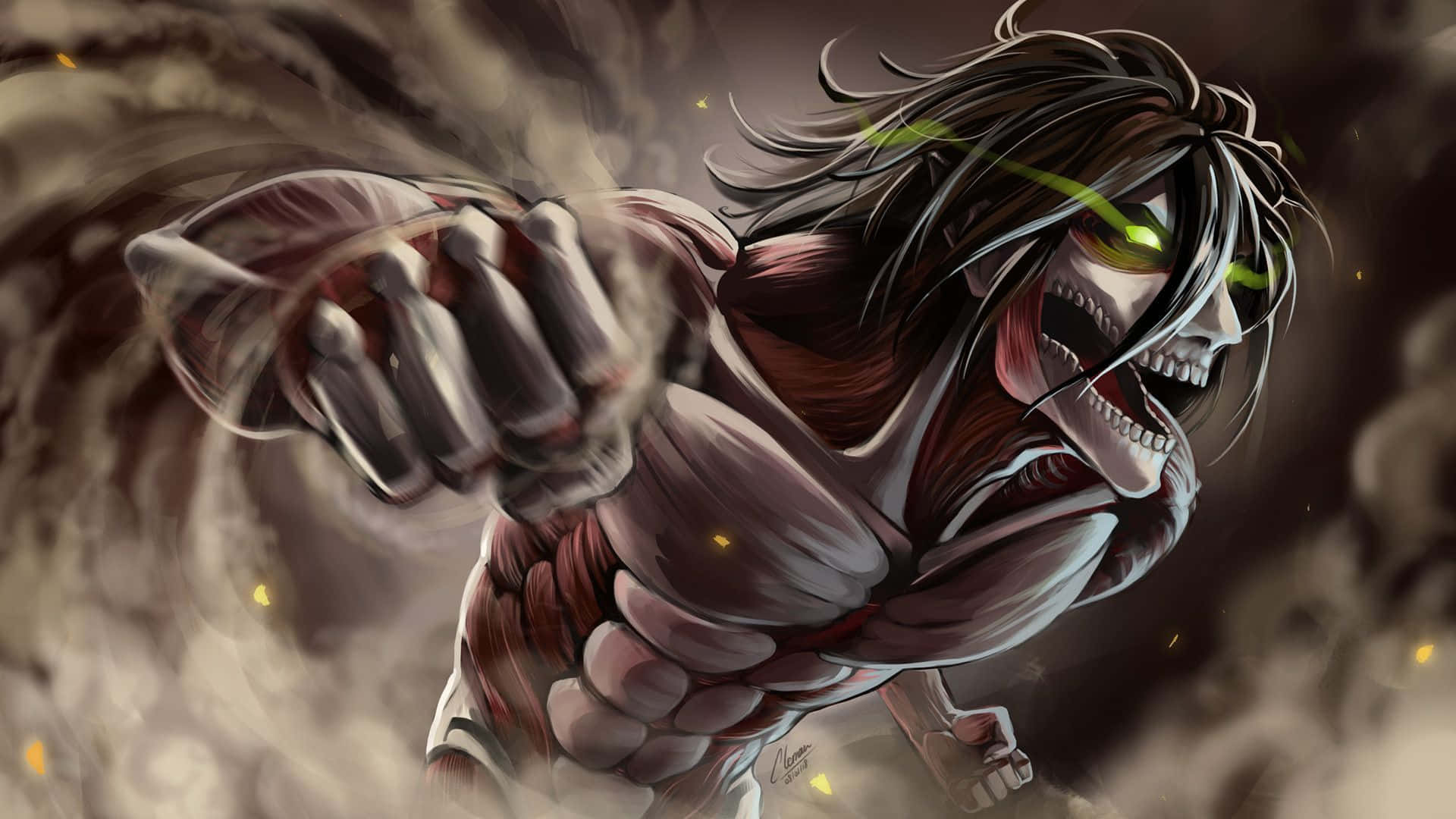 Founding Titan 桌布 壁紙 — 一個擁有發光綠色眼睛和肌肉發達身體的巨型巨人，穿過旋轉的煙霧和碎片向前猛衝。