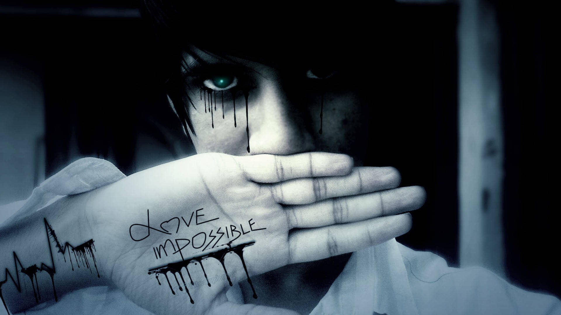 emo 桌布 壁紙 — 一個擁有發光綠色眼睛和黑色眼淚的人，用一隻寫有「LOVE IMPOSSIBLE」字樣、墨水滴落的手遮住嘴巴。