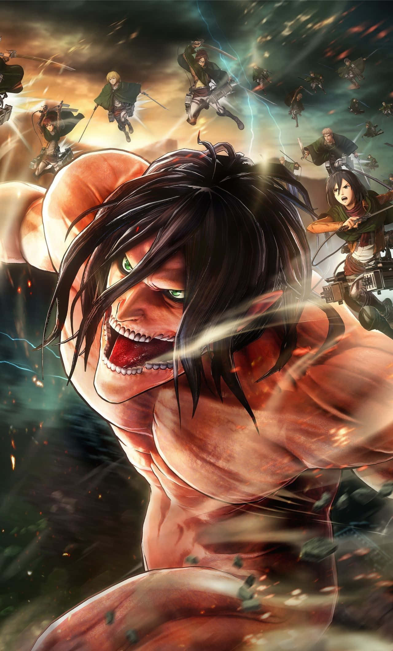 Aot 桌布 壁紙 — 一個擁有發光綠色眼睛的巨型巨人咆哮前進，士兵們穿著機動裝備從上方攻擊，背景是火紅的天空。