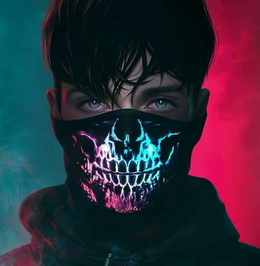 Mask Boy 桌布 壁紙 — 一個擁有發光綠色眼睛的年輕人，戴著一個帶有霓虹骷髏設計的面具，背景是分開的青色和紅色。