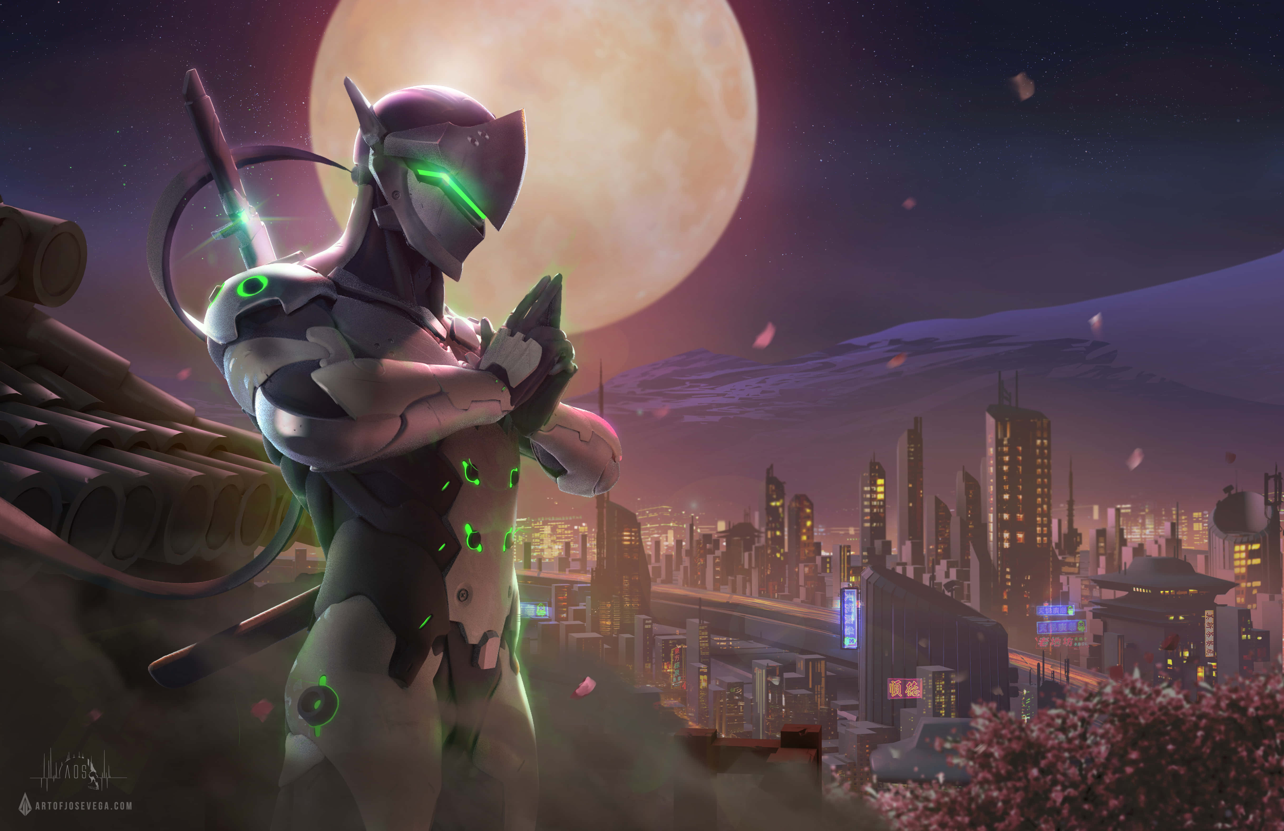Genji 4K 桌布 壁紙 — 一個擁有發光綠色眼睛的未來裝甲戰士站在屋頂上，俯瞰著巨大發光月亮下霓虹閃爍的賽博龐克城市。