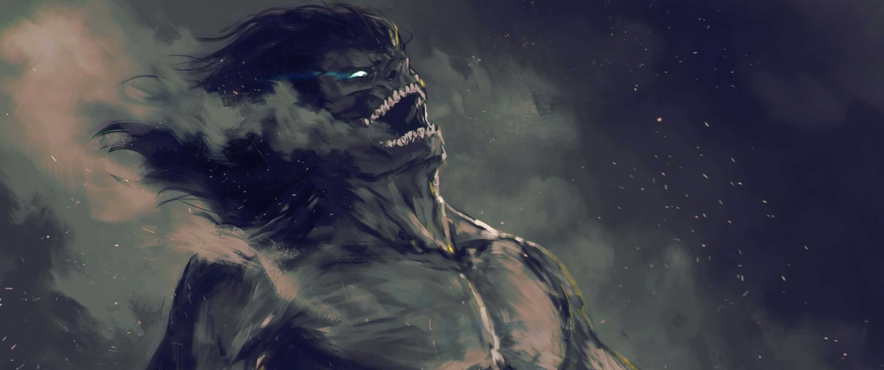 Founding Titan 桌布 壁紙 — 一個擁有發光藍眼的怪獸泰坦，對著充滿旋轉煙霧和餘燼的暴風雨黃昏天空咆哮。