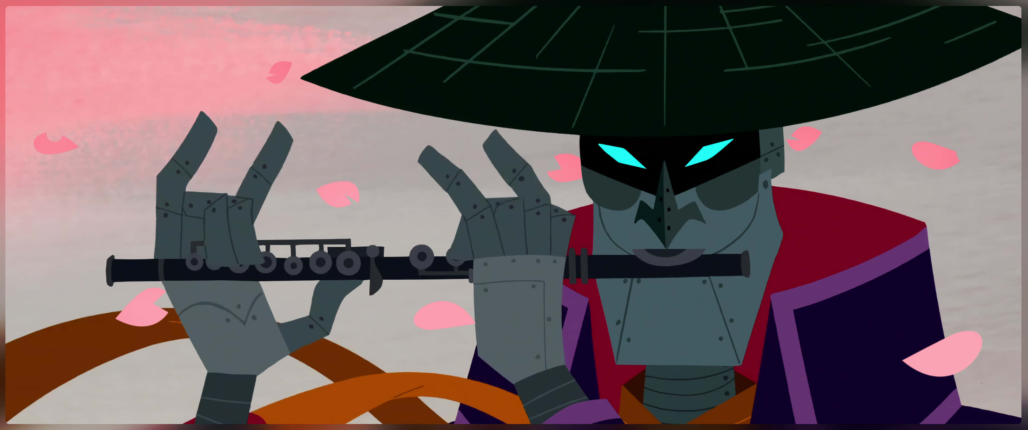 samurai jack 桌布 壁紙 — 一個擁有發光藍眼睛和機械手的賽博龐克武士，在粉紅色天空下，於飄落的粉紅色櫻花中吹奏長笛。